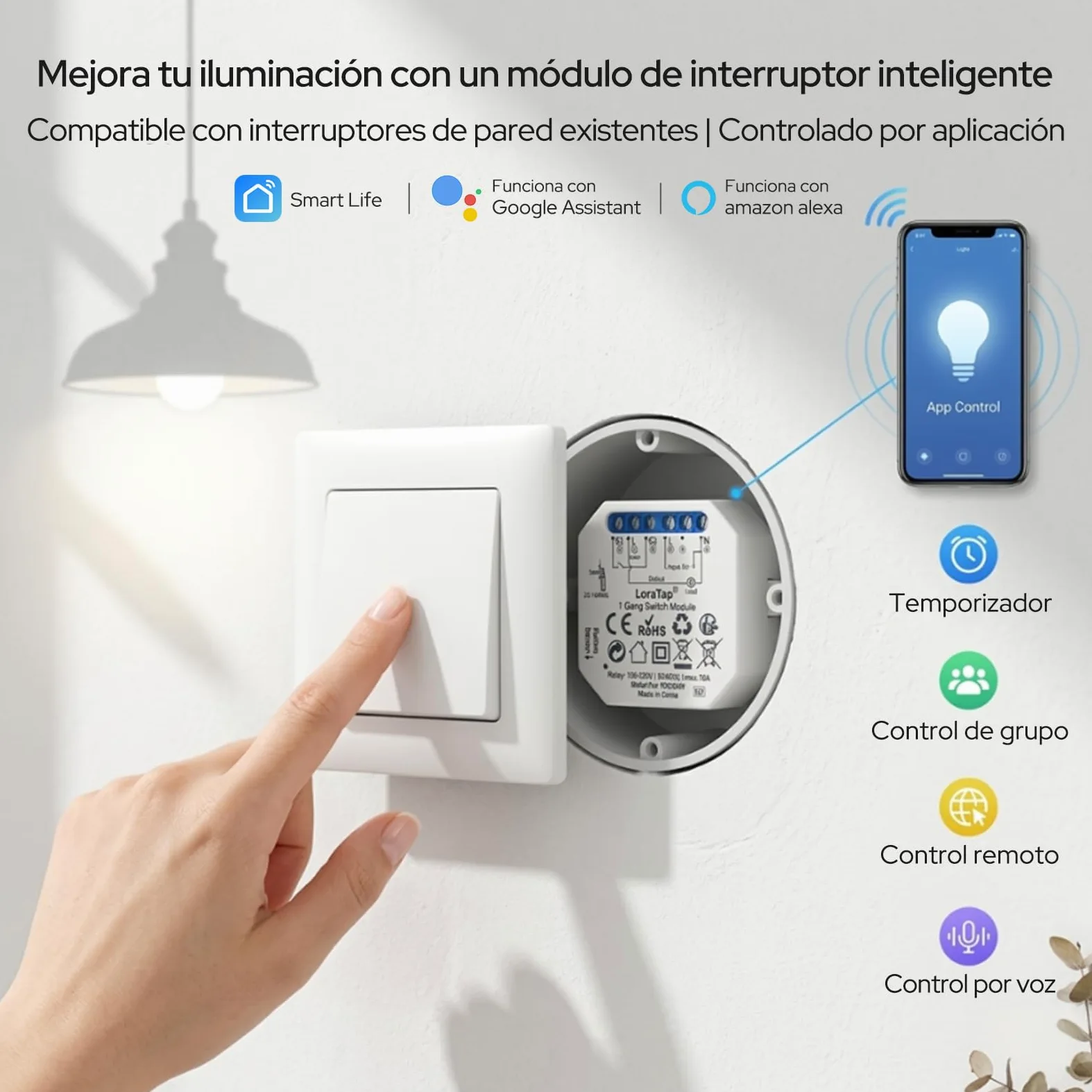 LoraTap Kit de 2 Interruptores Relé WiFi Inalámbricos, Conmutador Paralelo, Receptor de 2300W 10A, Interruptor Inteligente, Control a Distancia por Móvil, Compatible con Alexa y Google Assistant