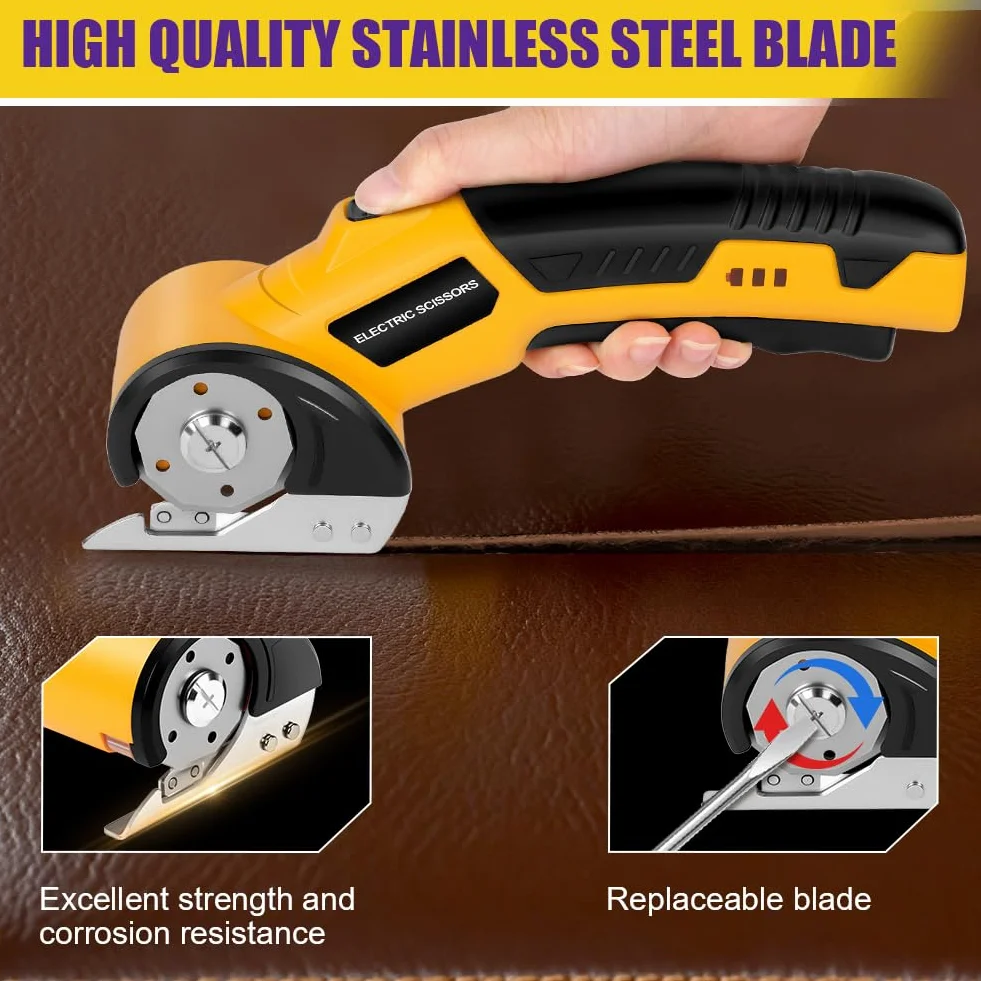 HOTUT Tijeras Eléctricas Sin Cable, Cúter Circular, Mini Cutter Eléctrico, Recargable Con Diseño De Corte Rotativo, Carga USB, Gatillo Extralargo, Luz LED,Cortador Alfombras Y Cartón