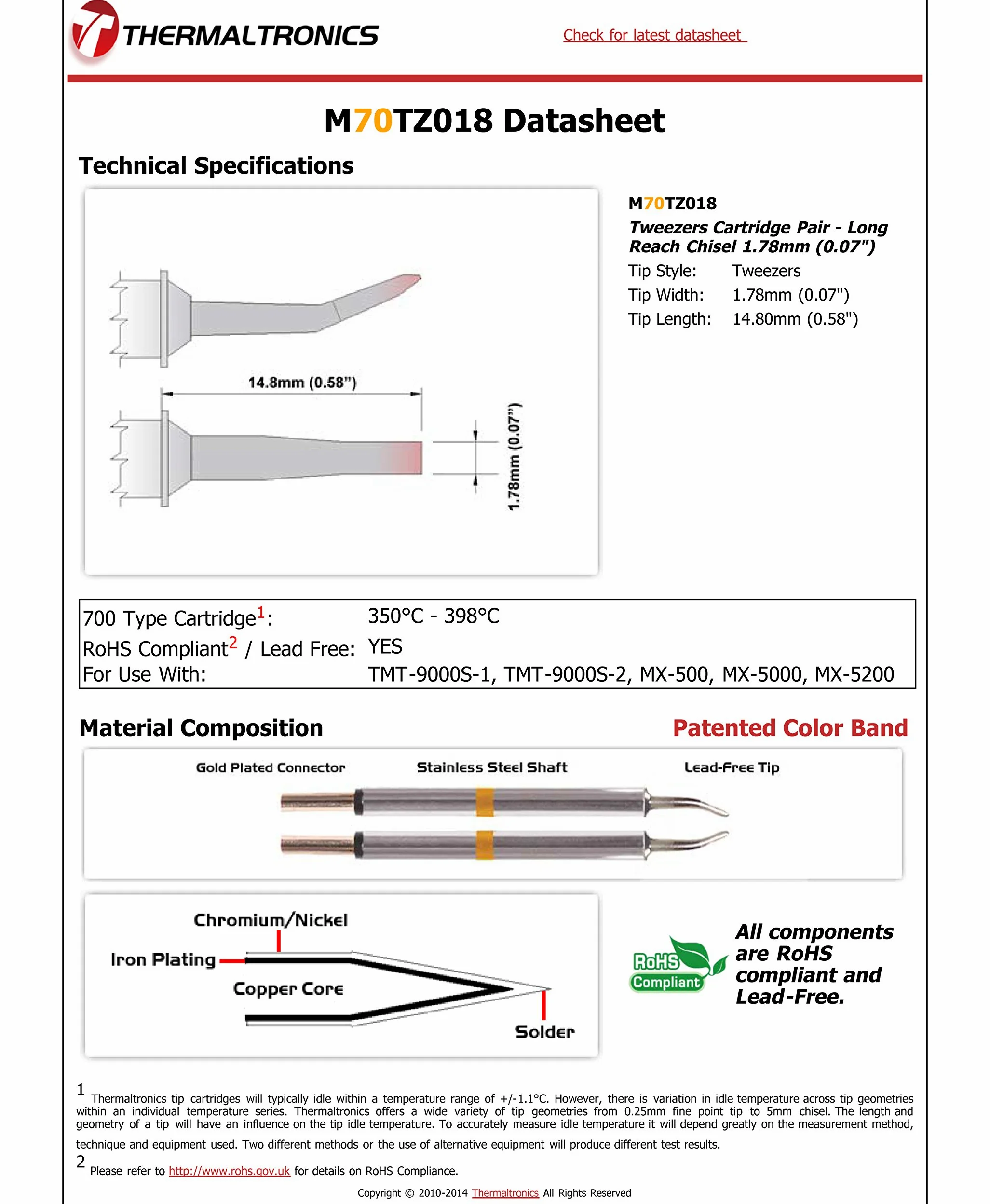Thermaltronics M70TZ018 - Juego de pinzas (1,78 mm)