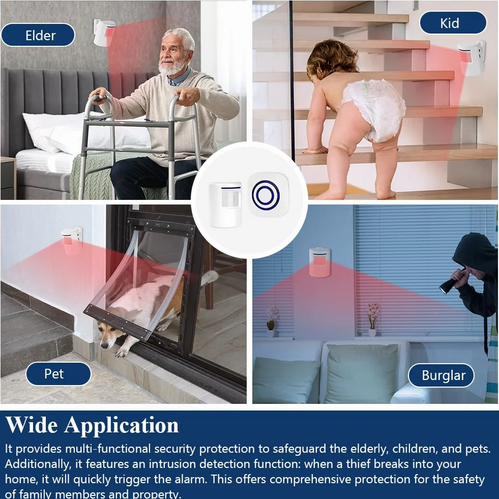 AXFEE Detector de Movimiento Interior PIR, 4 Niveles Volumen, 38 Melodías Alarma Seguridad para Casa Garaje