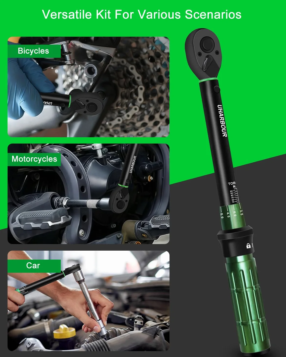 Uharbour Llave dinamométrica de 3/8 pulgadas, 5-60 Nm, 31 piezas, juego de llaves dinamométricas para motocicleta, ± 3% de precisión con extensiones, llaves de vaso y adaptador, carraca de 72 dientes