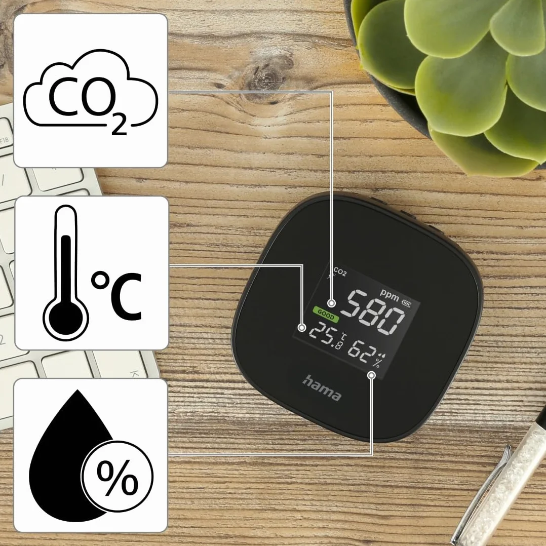 Hama | Detector de la Calidad del Aire (Medición de CO2, de la Humedad y de la Temperatura, con batería Recargable), Color Negro