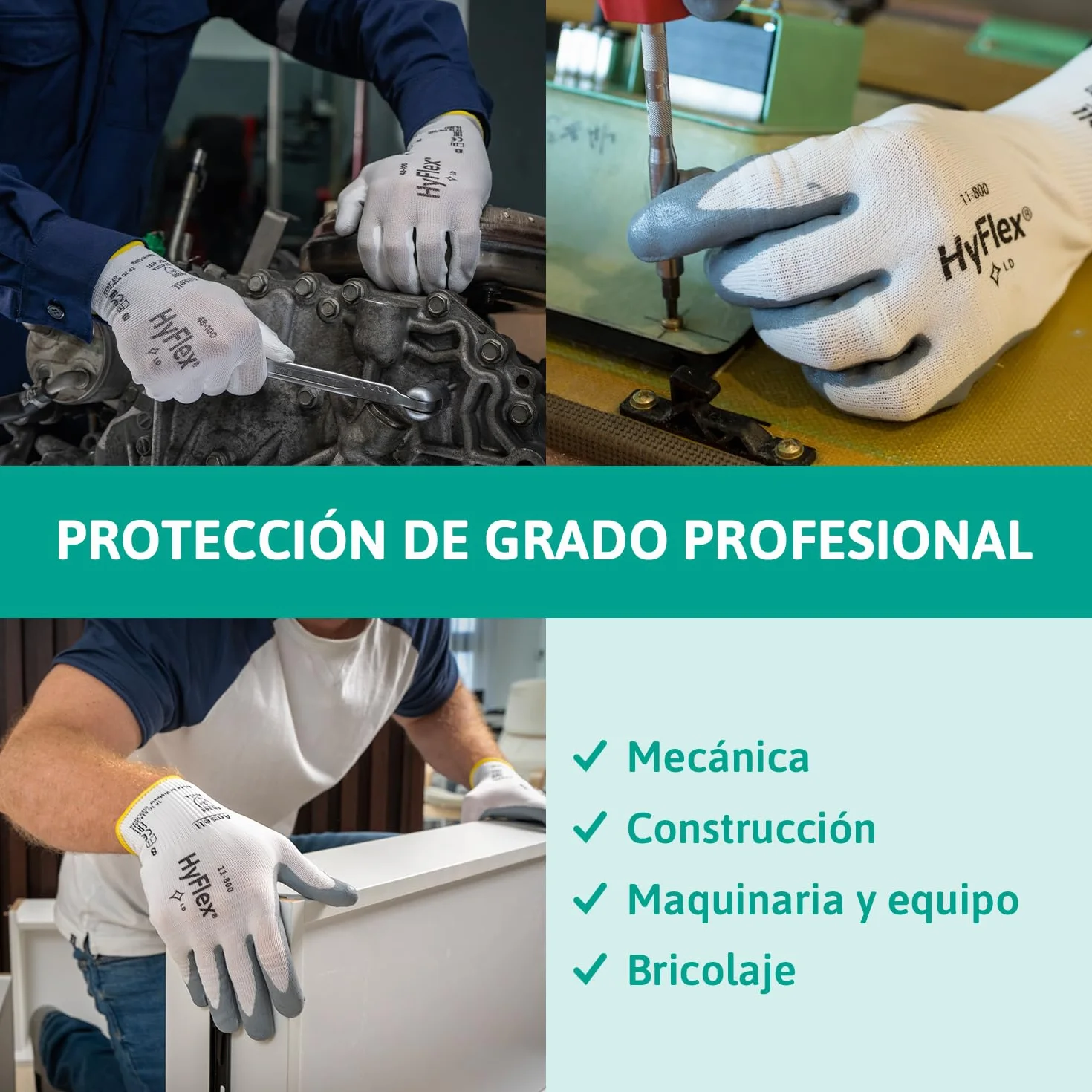 Ansell HyFlex 11-800 Guantes de Trabajo Profesionales, Revestimiento de Nitrilo Antideslizante, Talla XL, 12 Pares