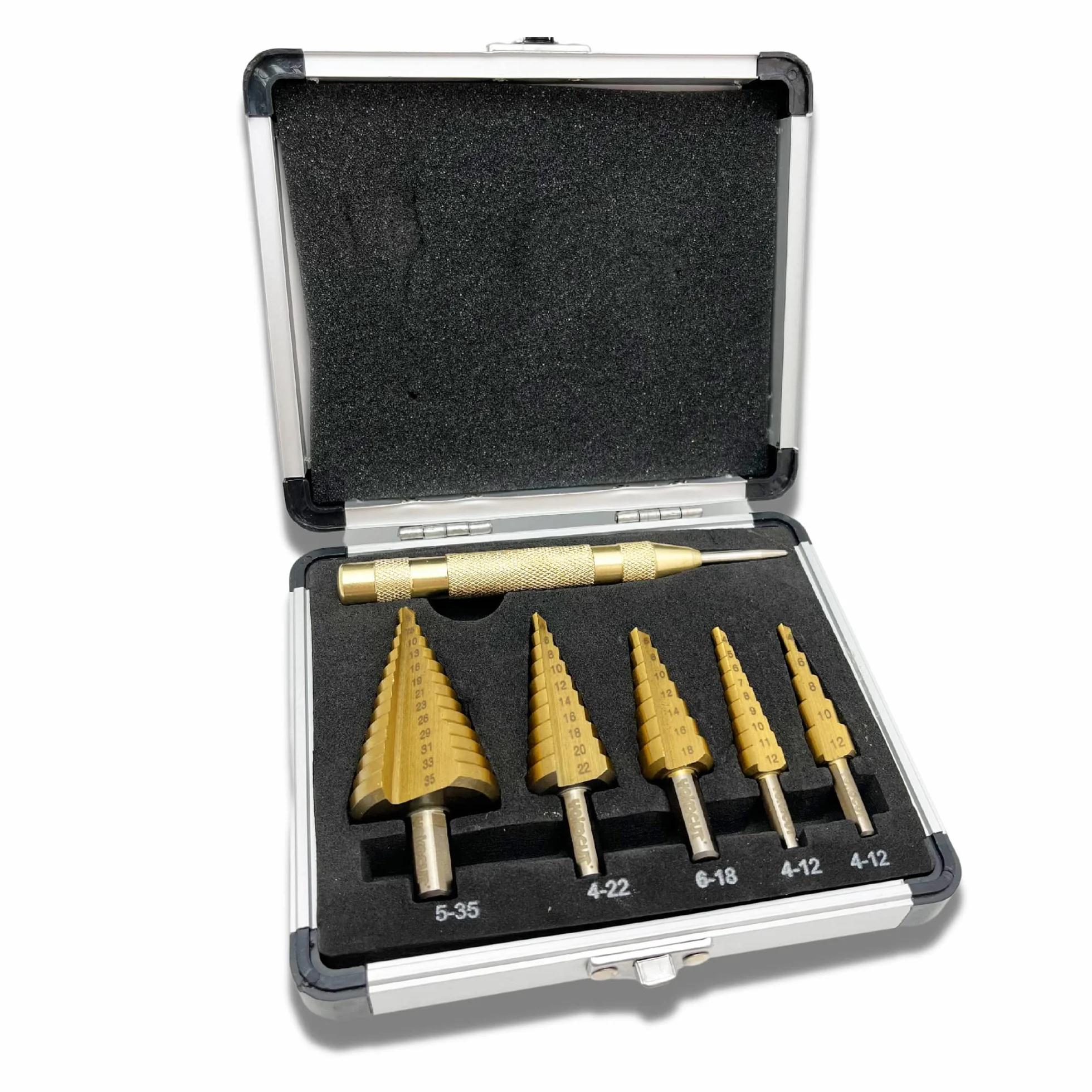 Juego de 6 brocas escalonadas de acero de alta velocidad con revestimiento de titanio y cono de cobalto con punzón central automático, para bricolaje, plástico, madera, metal, aluminio, hierro