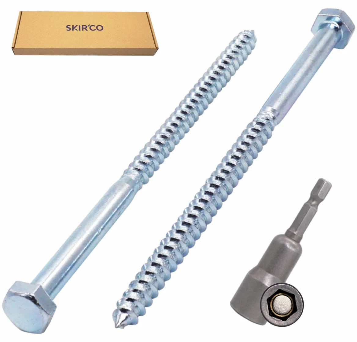 SKIR'CO (40 piezas) DIN 571 Tornillos hexagonales de acero galvanizado para madera M8 x 140 mm, tornillos de coach, tornillos hexagonales, pernos de retardo (con broca hexagonal magnética)