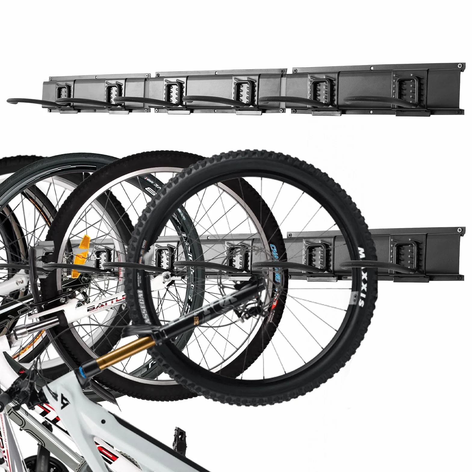 Soporte de pared para bicicletas de garaje, 6 soportes y 6 ganchos, carga 270 kg, 160 cm