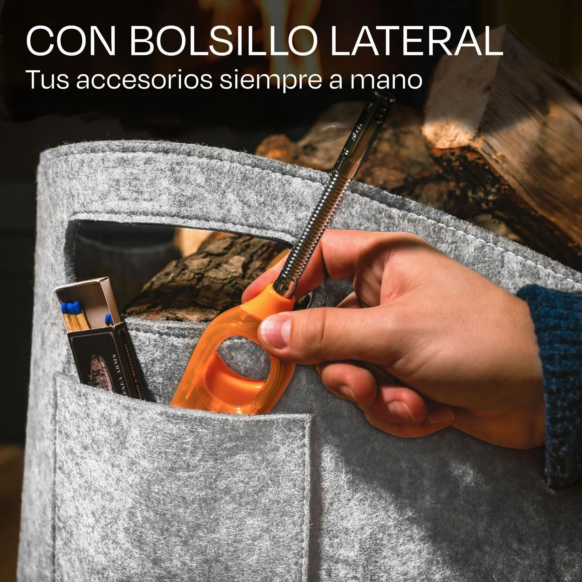 Praknu Cesto para Leña Interior - Grande - De Fieltro Reciclado - Con Asas de Transporte - Bolsa de Fieltro para Almacenar Leña de Chimenea y Más - Gris