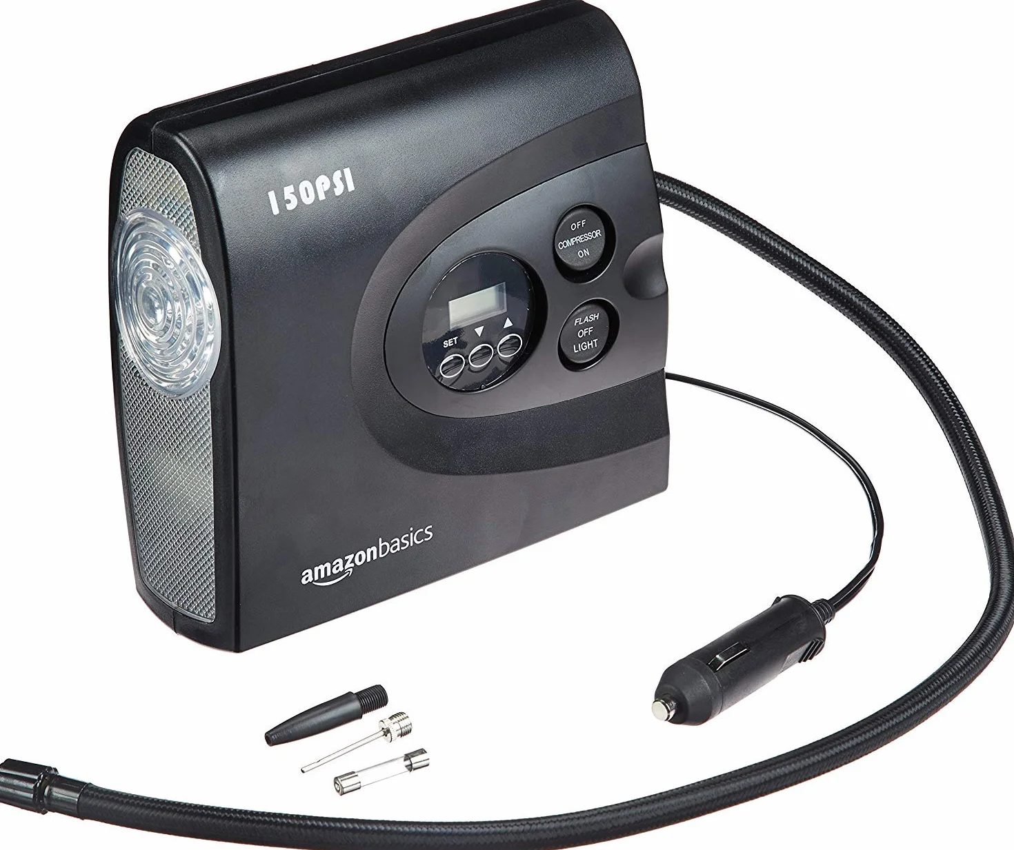 Amazon Basics Compresor de aire portátil compacto, inflador de neumáticos, apagado automático con luz LED, CC 12 V, 150 PSI, color negro