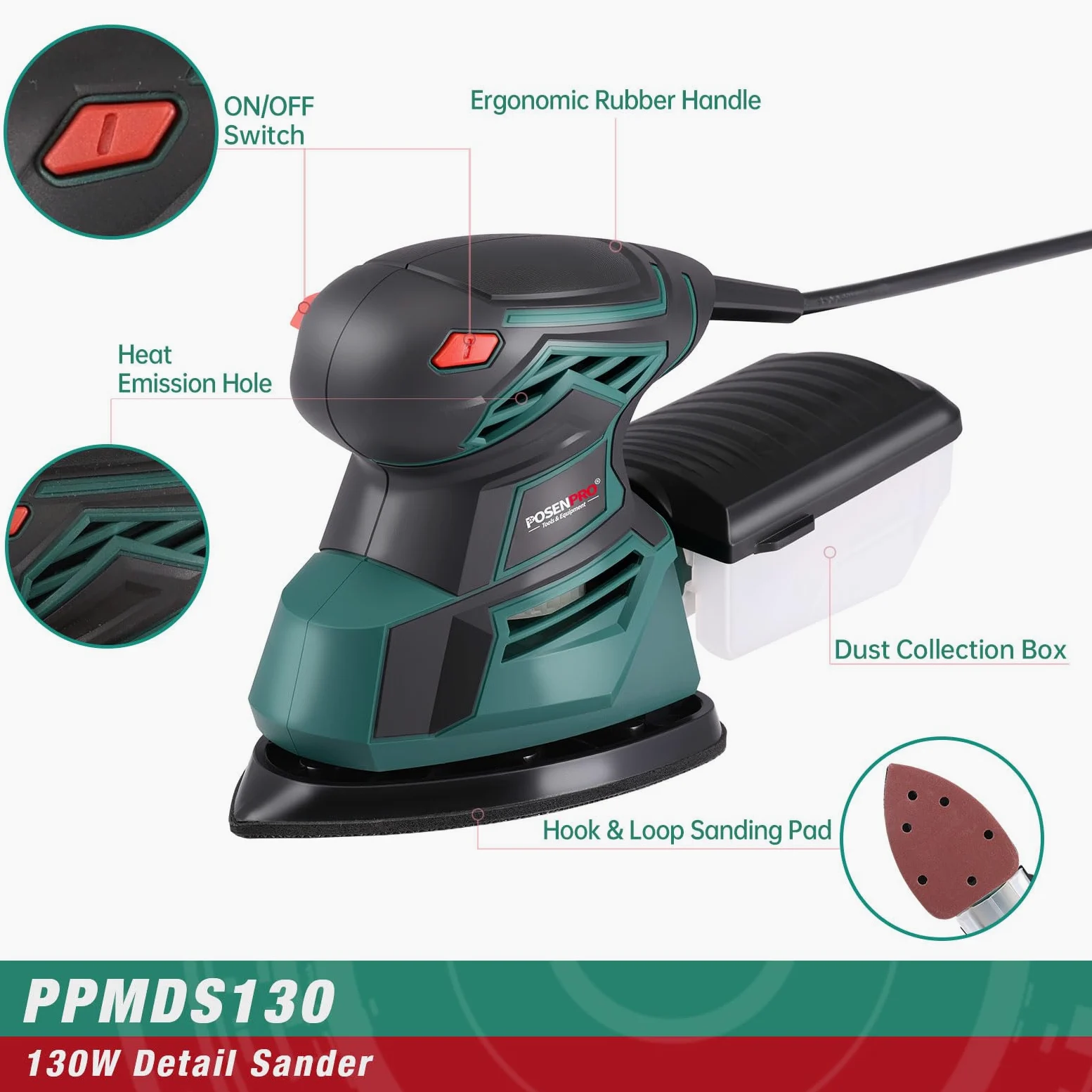 Lijadora de detalles, POSENPRO Lijadora Madera 130W Lijadora Eléctrica 13500RPM, Lijadora Mouse con Función de Recogida de Polvo y 12 Hojas de Lija, Lijadora Orbital para Trabajos de Lijado