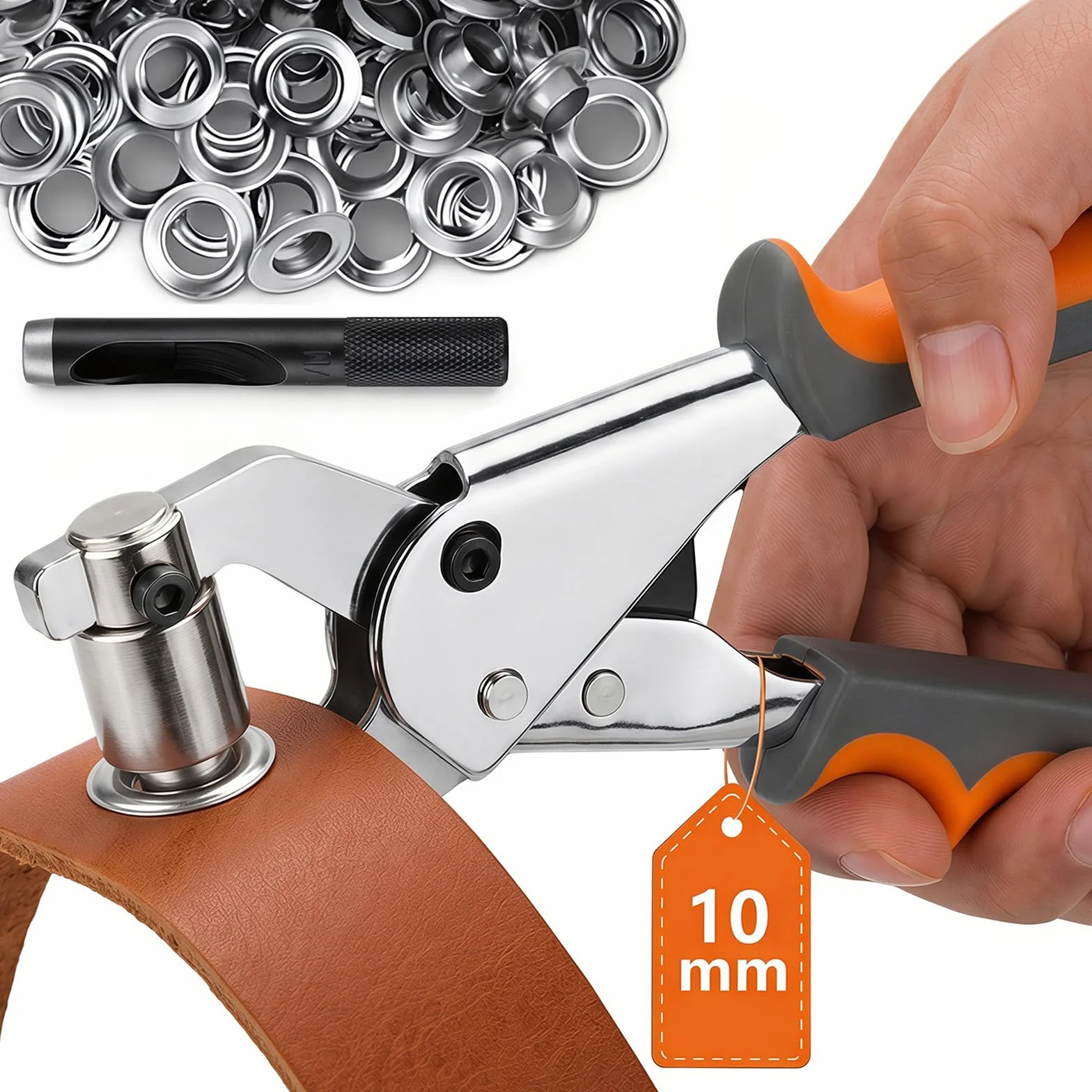 Kit de Ojales Metalicos con 200 Ojetes Metálicos (Ø10mm), Remachadora de Ojales con Alicates de Ojales y Perforadora, Herramienta Manual para Lona Cuero PVC Tela