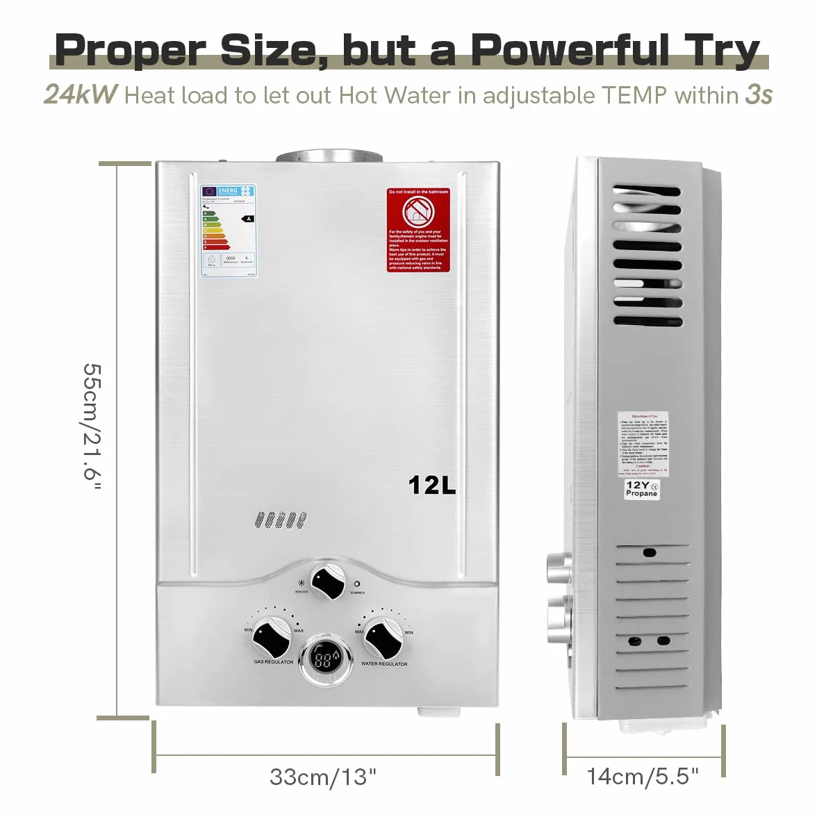 BreeRainz Calentador de Agua a Gas 12LPM 24KW GLP Presión de Agua 0,2 bar Butano Propano