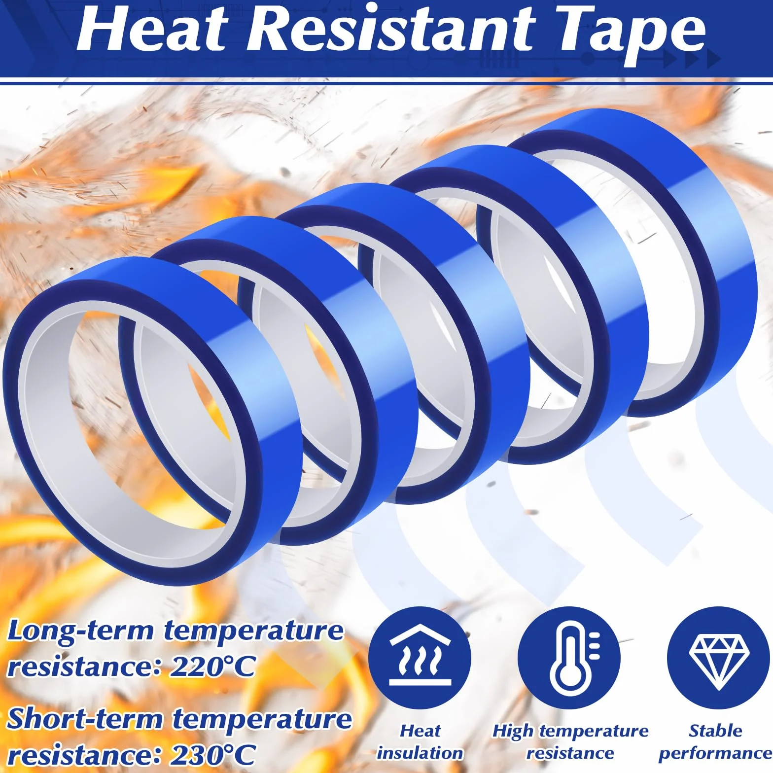 5 rollos de cinta adhesiva resistente al calor, 20 mm x 30 m, cinta térmica azul para sublimación, sin residuos, cinta de protección térmica para electrónica, placas de circuitos impresos