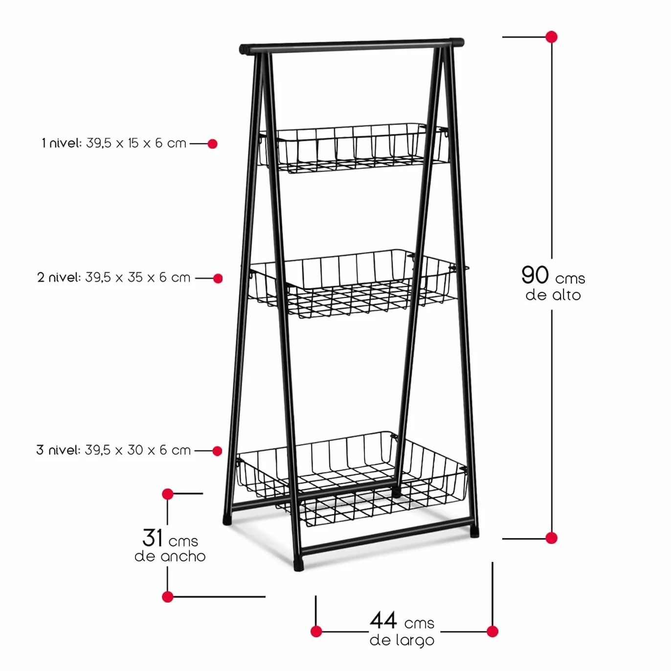 TIENDA EURASIA - Estantería Metálica Escalera, Color Negro, 44 x 31 x 90 cm, Almacenamiento de Cocina, Metalica, 3 Estantes extraibles, Estanteria para Cocina