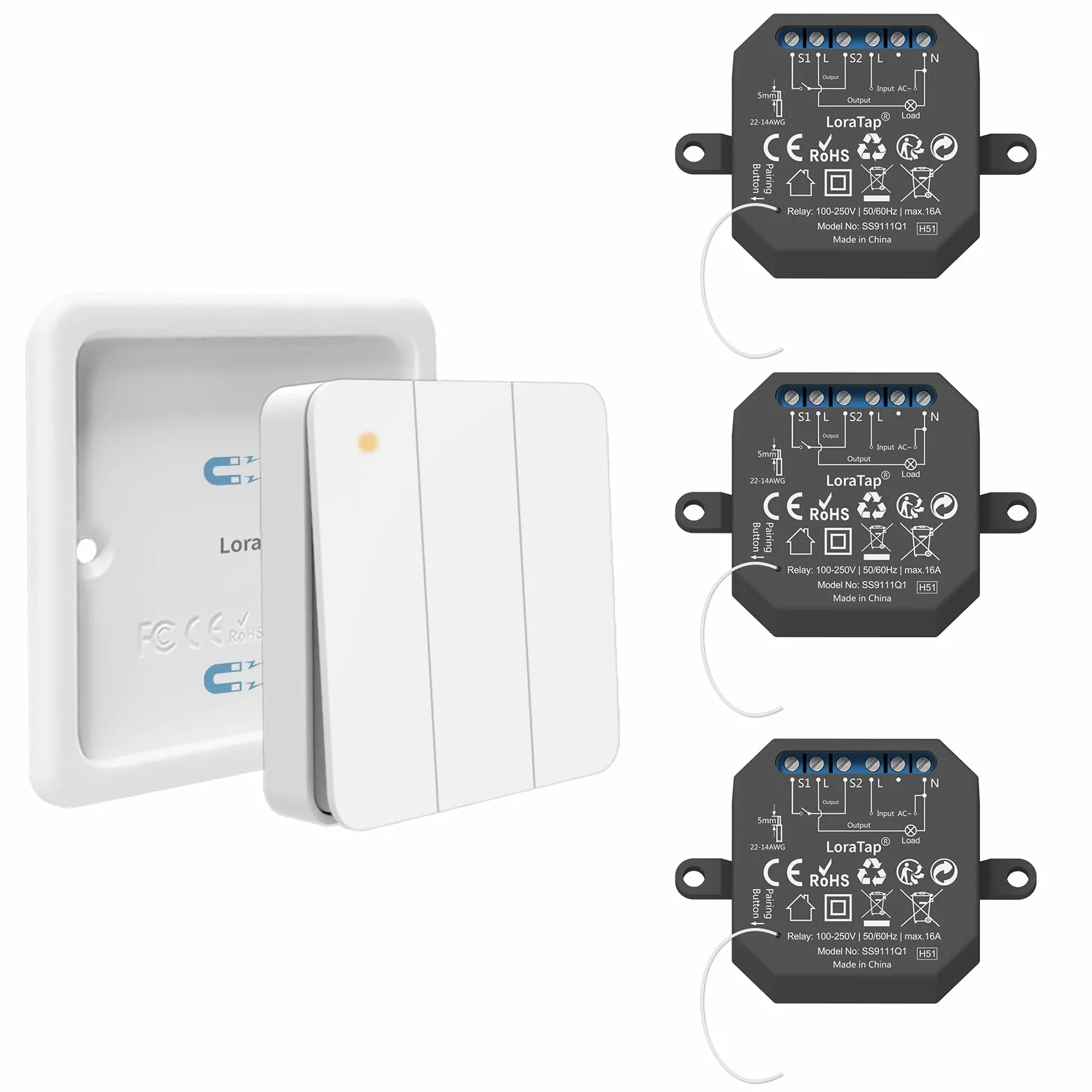 Interruptor de Luz Inalámbrico LoraTap, Mando a Distancia y 3 Receptor de Relé 10A, Interruptor Inalámbrico de Pared a 3 Gang para Lámparas y Electrodomésticos, RF Control Remoto de hasta 200m
