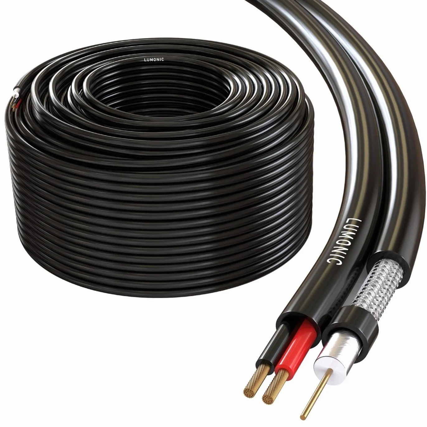 Lumonic RG59 RG59 Cable coaxial + La línea eléctrica 50m | Cable de vigilancia CCTV con alimentación | Cable combinado de 75 ohmios, Doble blindaje, 90dB Amortiguación, Video + Electricidad