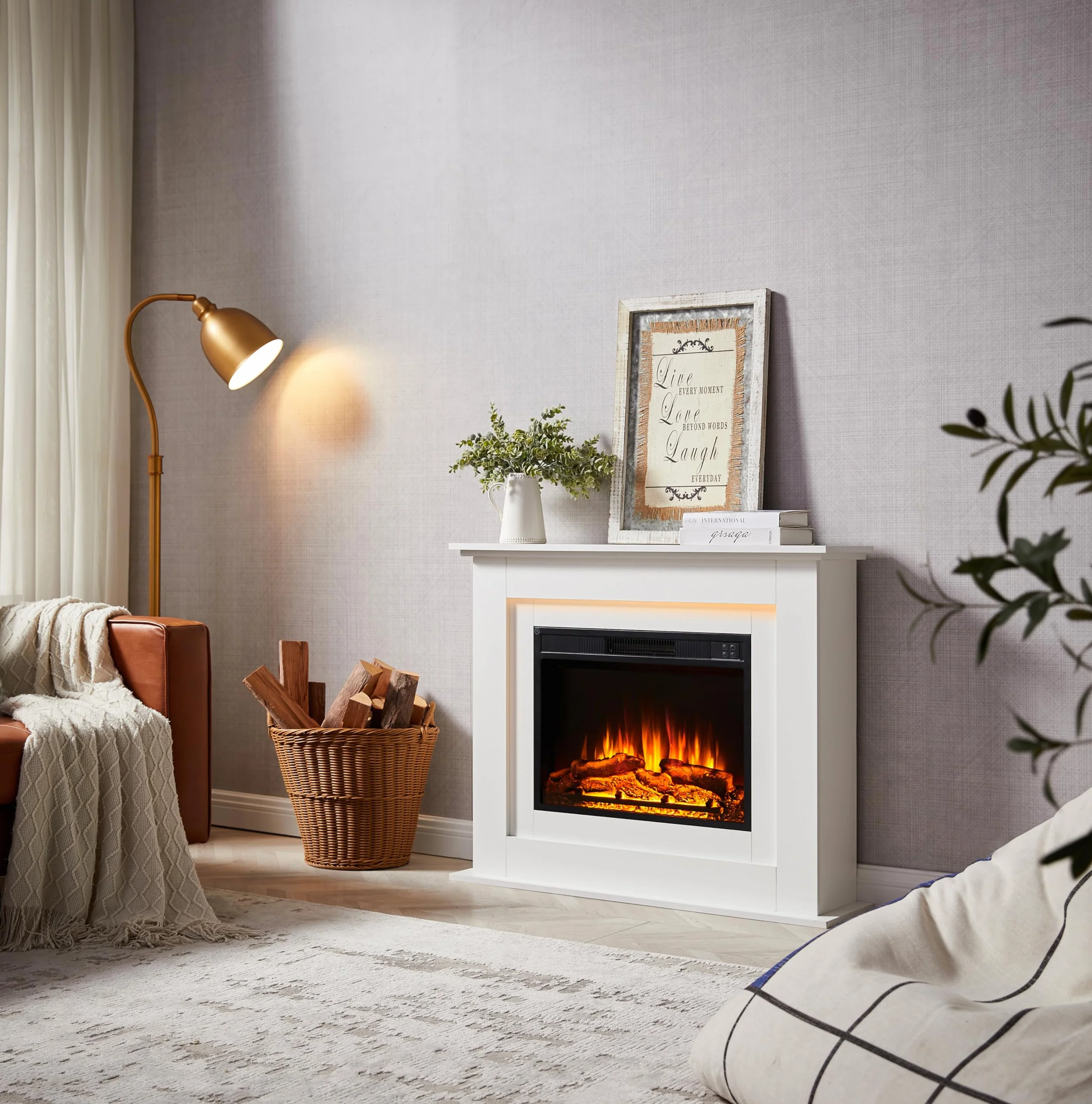 BALDERIA Finn - Chimenea eléctrica con Mueble Blanco, Estufa eléctrica bajo Consumo