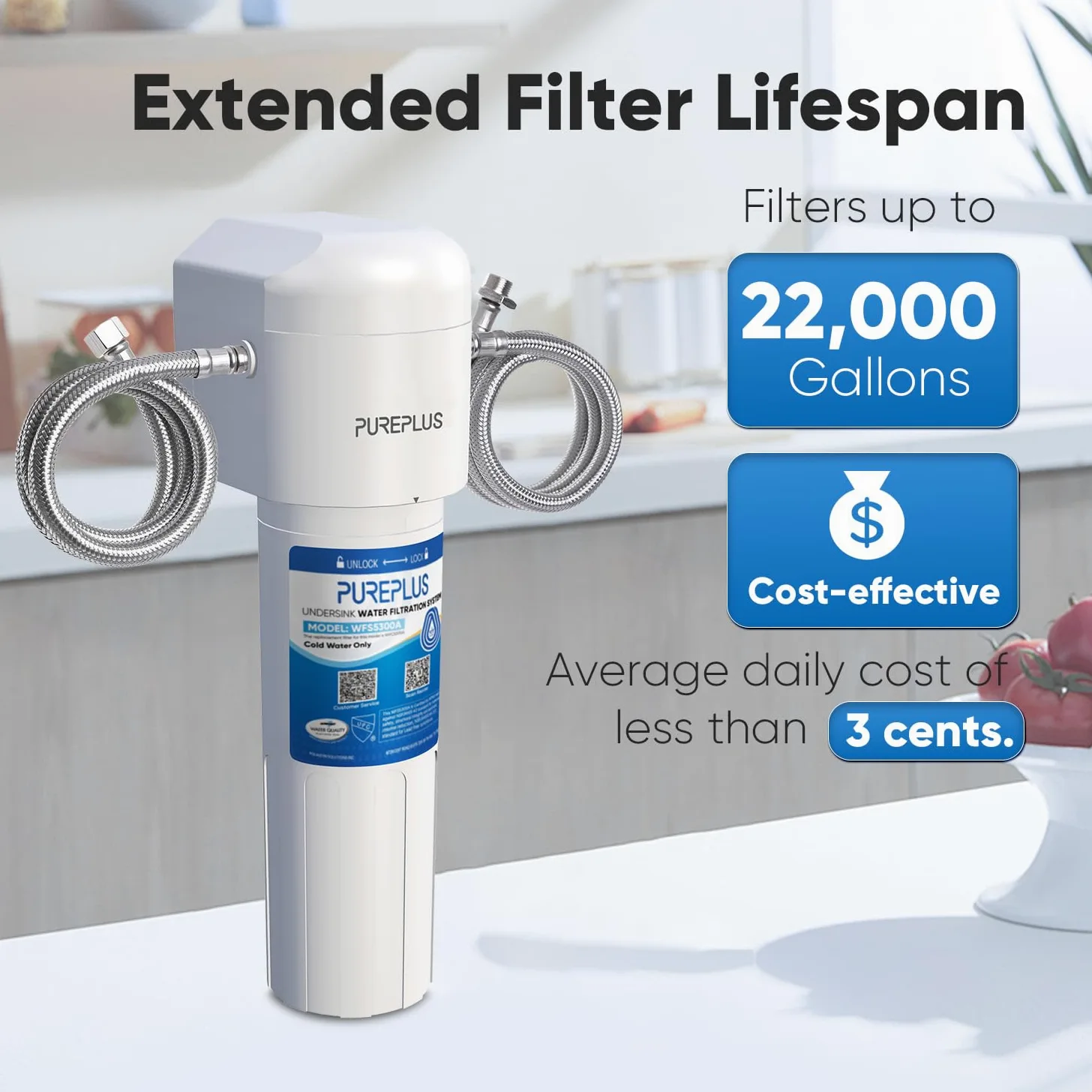 PUREPLUS Sistema de filtro de agua para debajo del fregadero, 22000 galones, reducción de cloro del 99.99%, certificado NSF/ANSI 42, elimina metales pesados, cloro, conexión directa bajo el mostrador