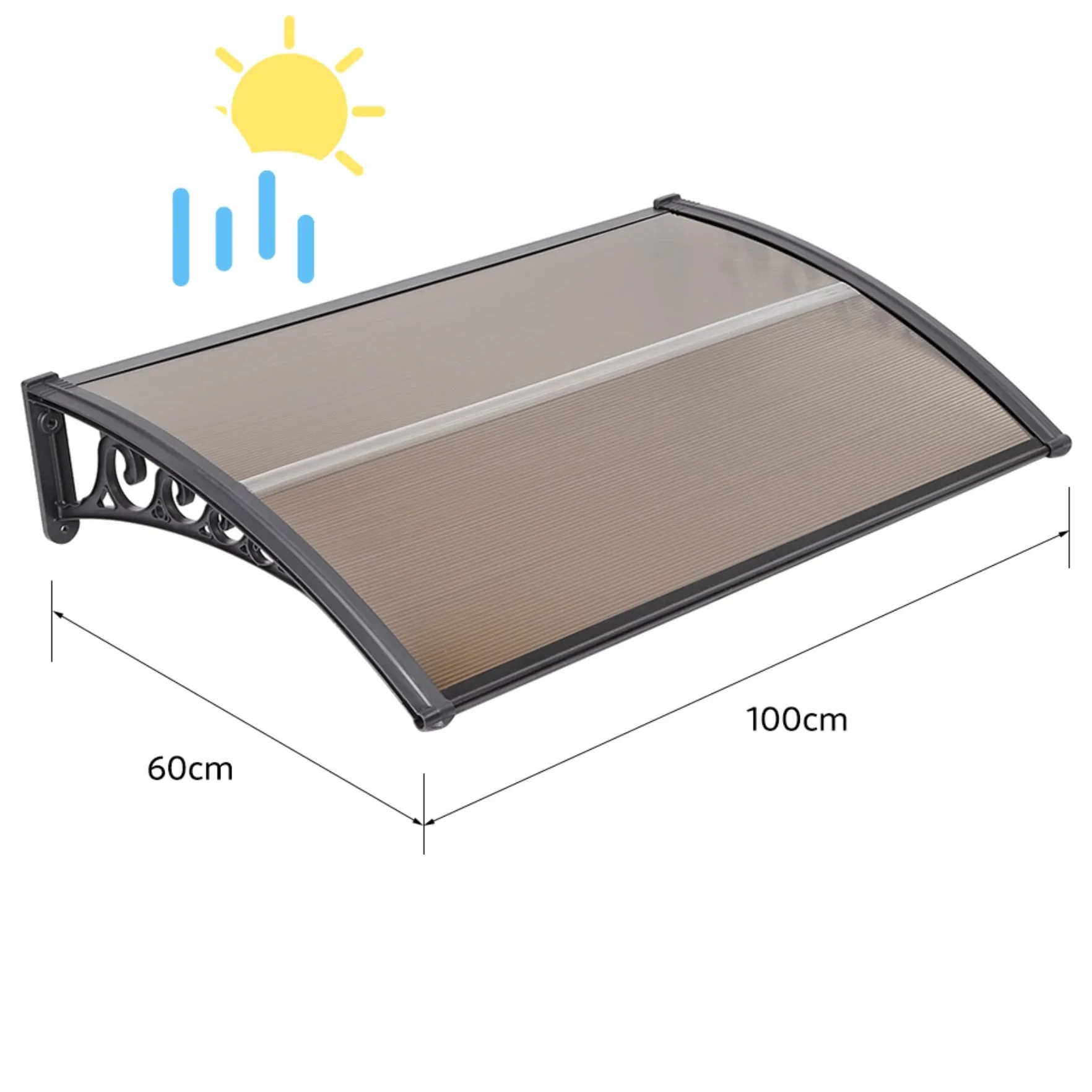 Marquesina para Puerta de Entrada con Techo de Policarbonato Resistente a la Lluvia y UV, 60x100 cm, Marrón