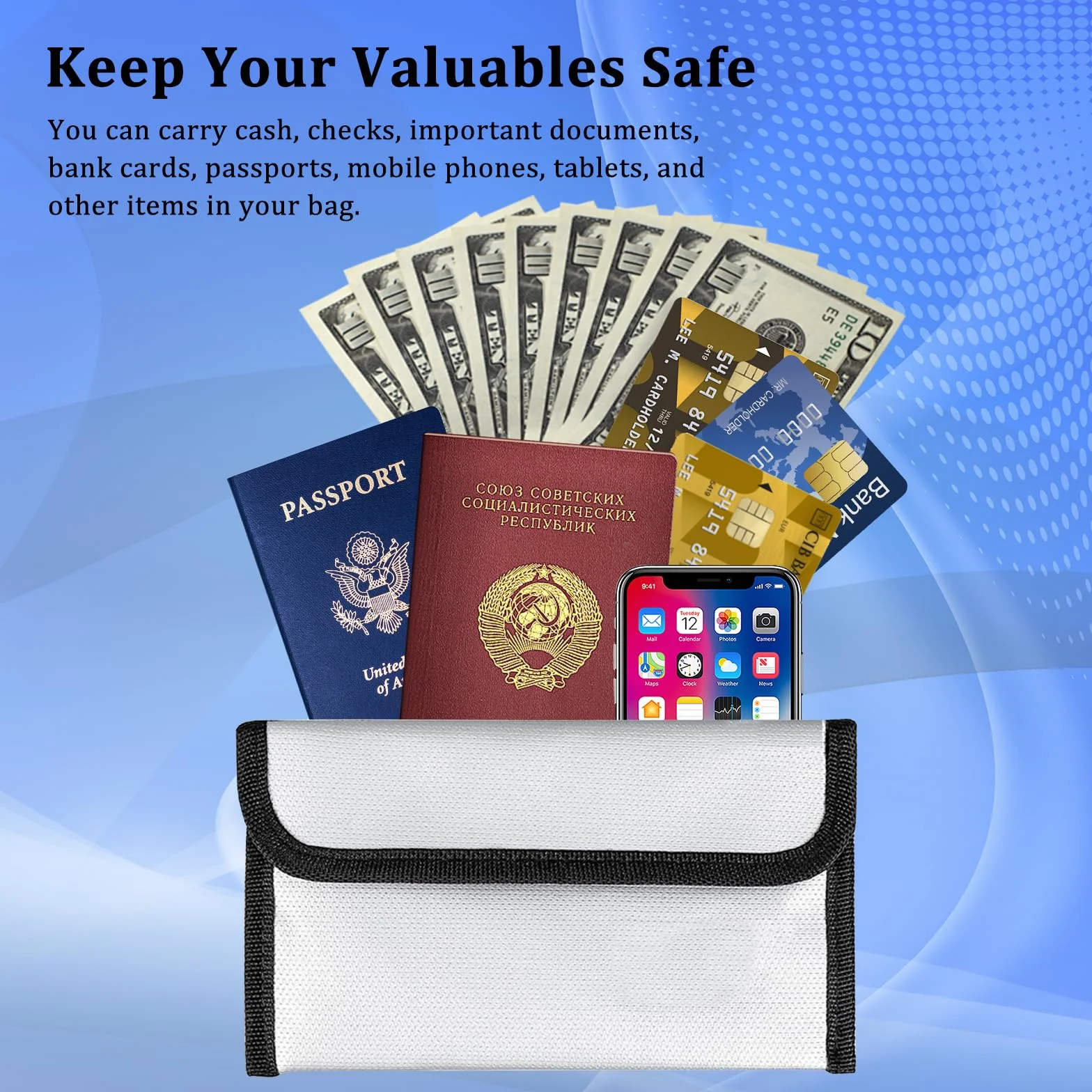 2 Piezas Carteras Ignífugas 20 x 12cm Bolsa de Seguridad Ignífuga con Cremallera Bolsas Ignífugas para Documentos para Pasaporte Dinero Efectivo Archivos Bancarios Joyería Objetos de Valor