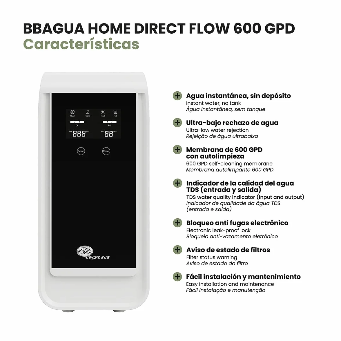 BBAGUA Home Direct Flow 600 Sistema de Ósmosis Inversa Bajo Fregadero 1.6 L/min Grifo y Kit Incluidos