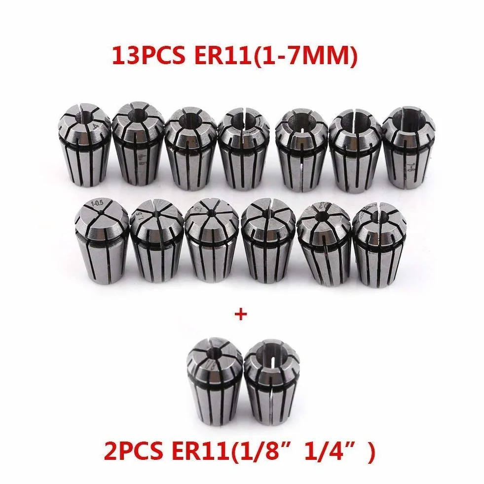 Juego de pinzas de resorte ER11 de 15 piezas 1-7mm 1/8 "1/4" para máquina de grabado CNC y herramienta de torno de fresado