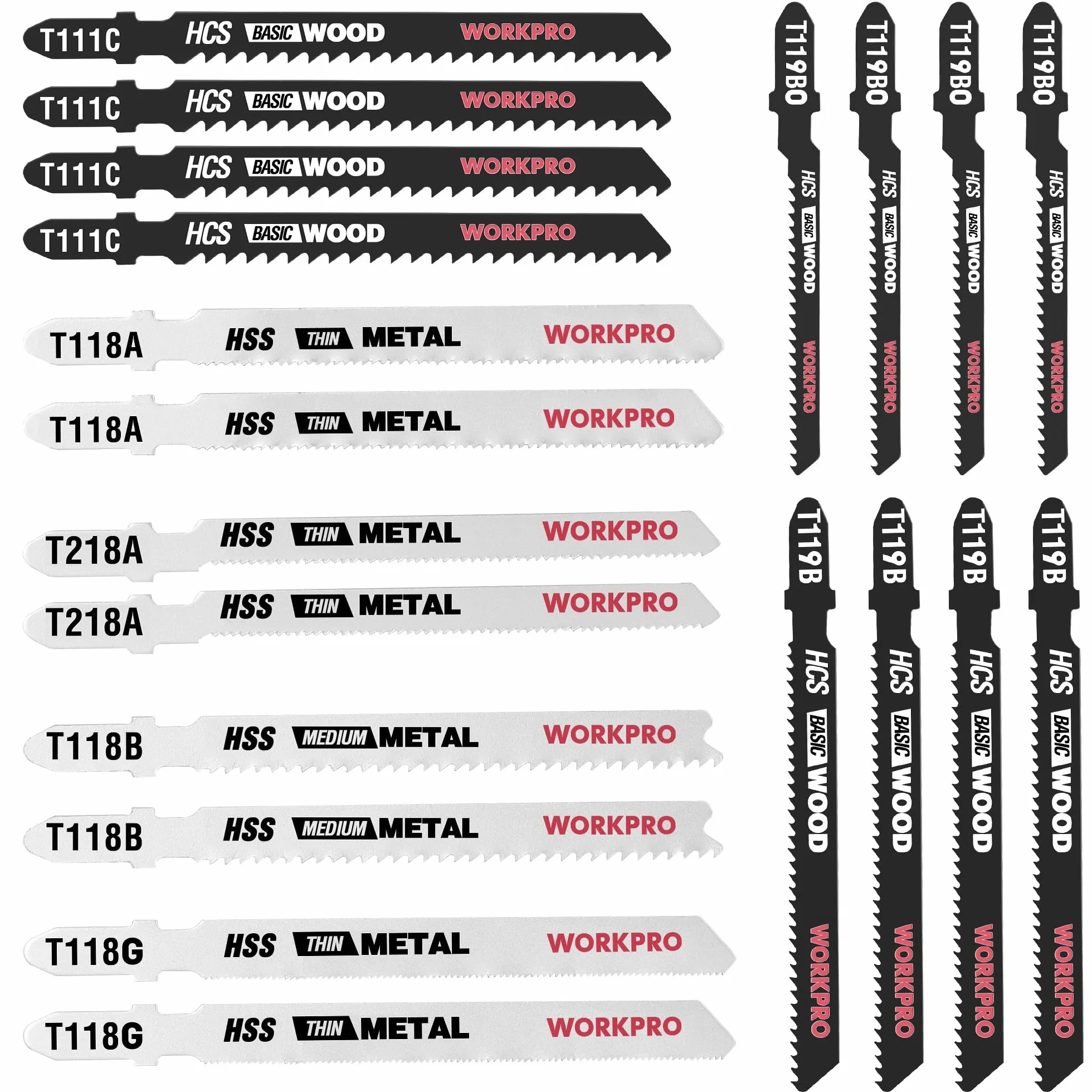 WORKPRO Hojas de sierra de calar 20 piezas, cuchillas de vástago en T HCS/HSS con estuche