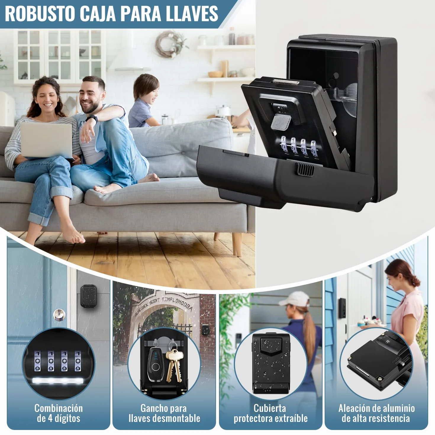 Caja de Seguridad para Llaves [Iluminada] Exterior Caja Fuerte para Llaves Impermeable Caja de Llave con Codigo 4 Dígitos Caja de Bloqueo para Llave para Hogar Garaje Escuela