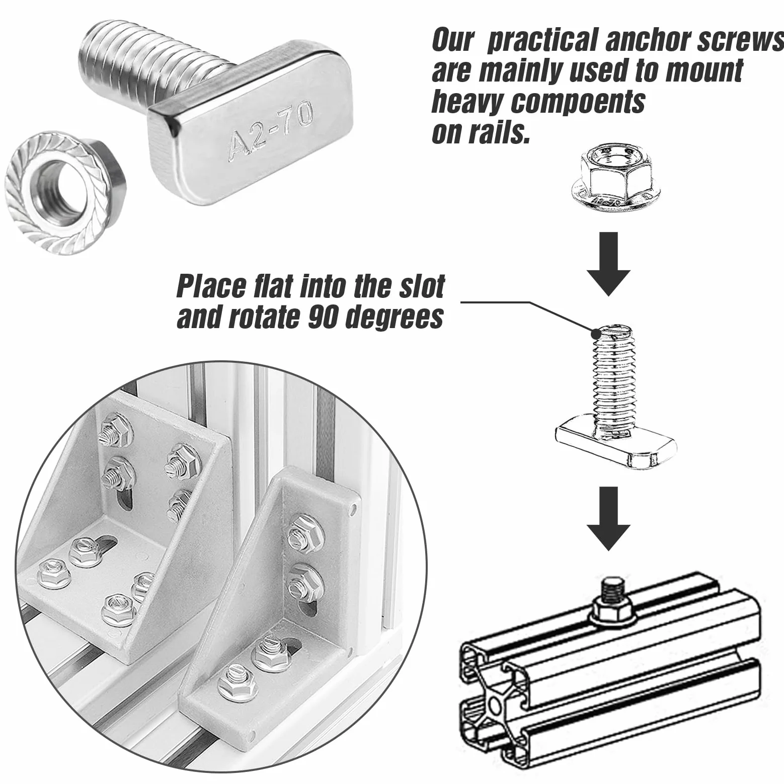 Pack con 40 tornillos de cabeza de martillo M10 x 25 de acero inoxidable A2-70 con tuercas dentadas de bloqueo para invernadero, perfil de aluminio fotovoltaico, soporte de panel solar, etc