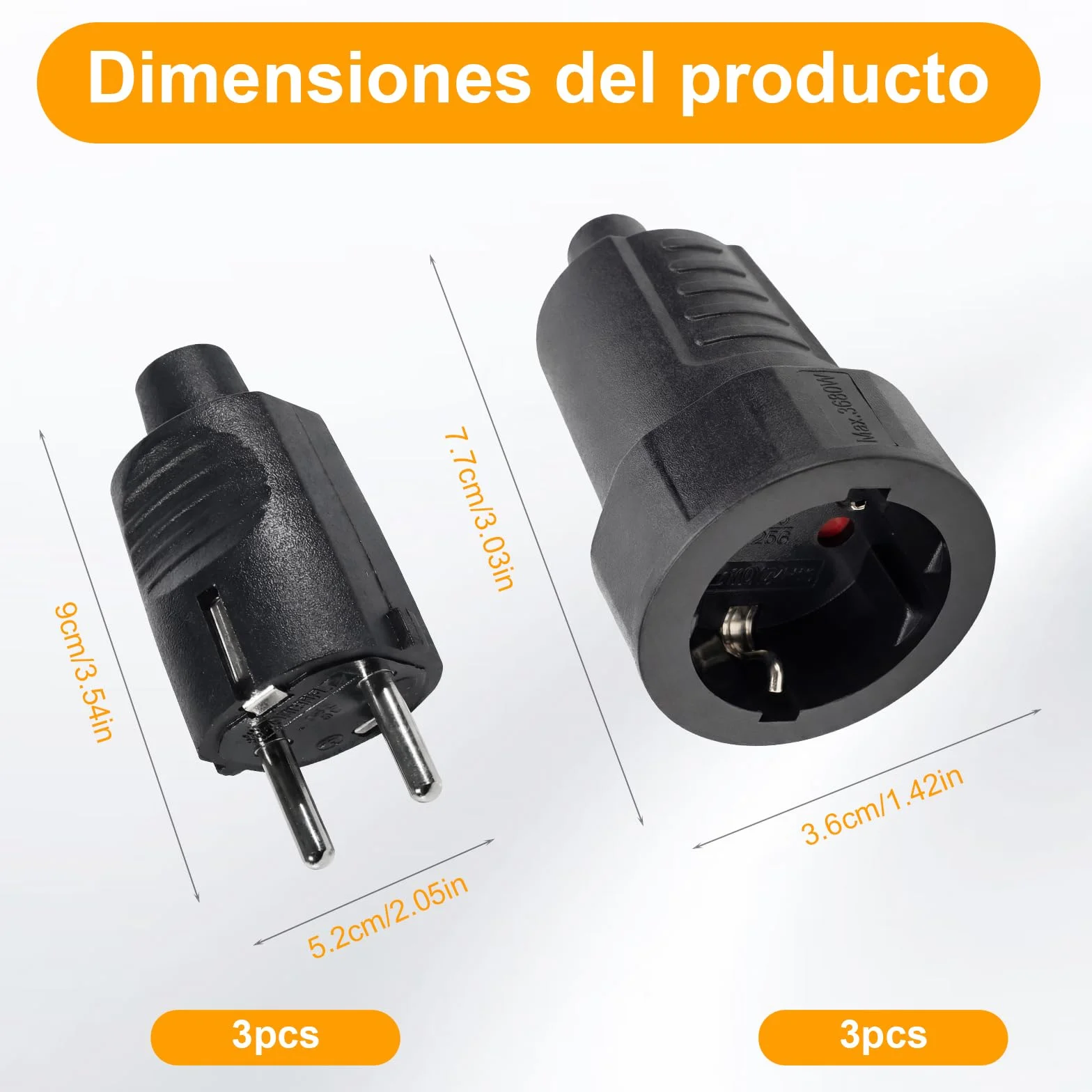 Kit de 3 Enchufes Schuko 250V IP44 16A 2 Polos Carcasa de Goma Negro