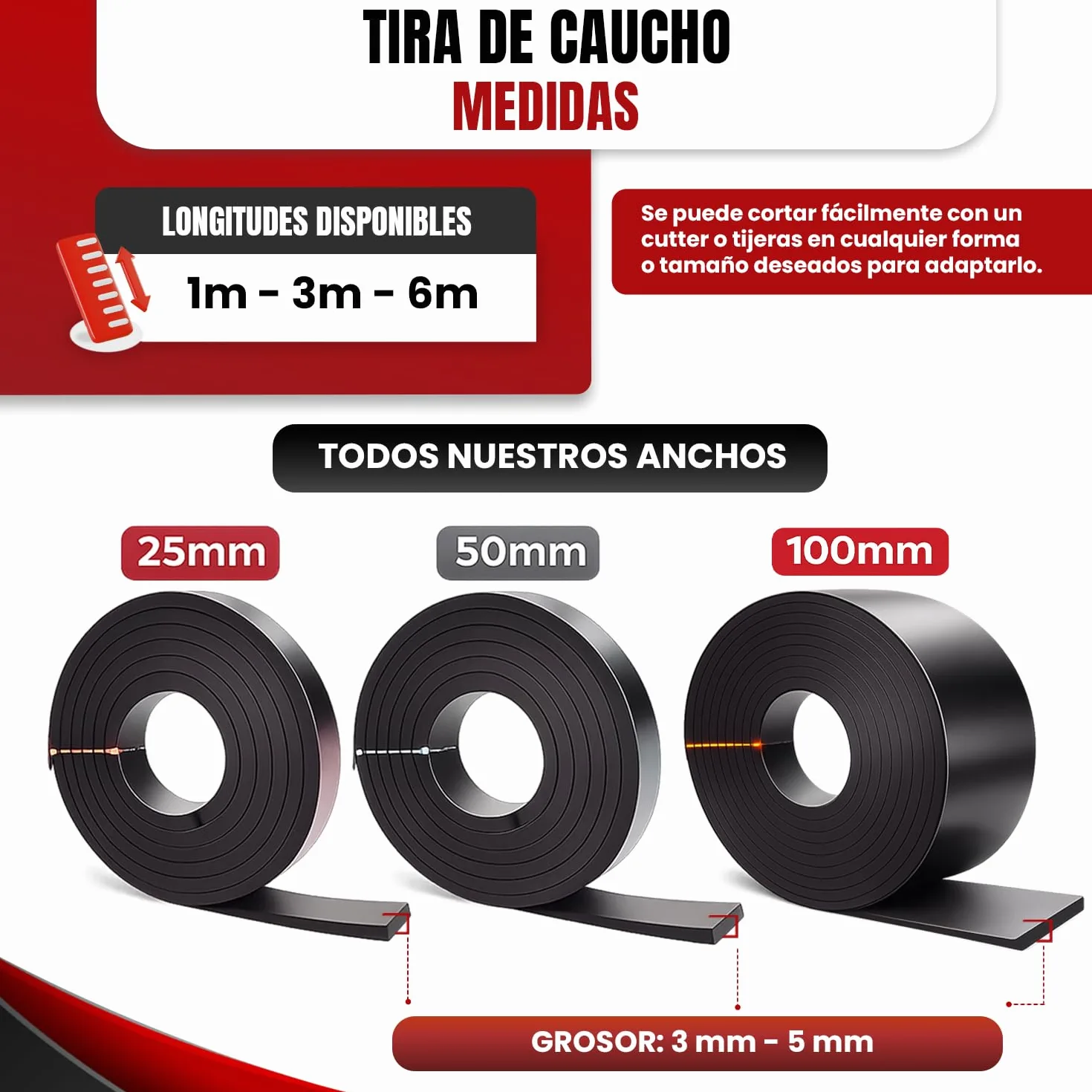 Tiras de Goma SBR en Rollo Antideslizante, Resistentes a Aceites y Alta Durabilidad para Taller, Gimnasio, Aislamiento y Uso Industrial; 25, 50 Y 100 mm Ancho, 1, 3 y 6 m Largo, 3 y 5 mm Espesor