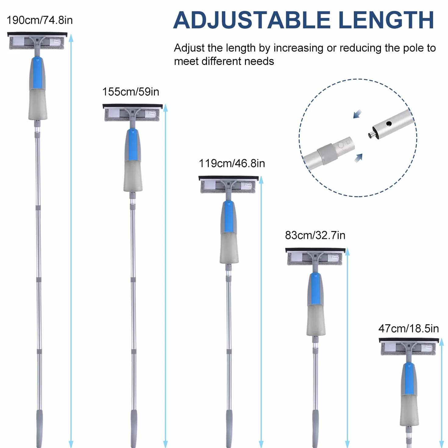 Herramienta Limpiacristales con Rociador, Kit de Limpieza 3 en 1 con Poste de Extensión, Rasqueta de Cristal Profesional de 190cm con 3 Paños de Microfibra para Automóviles y Ventanas Exteriores Altas