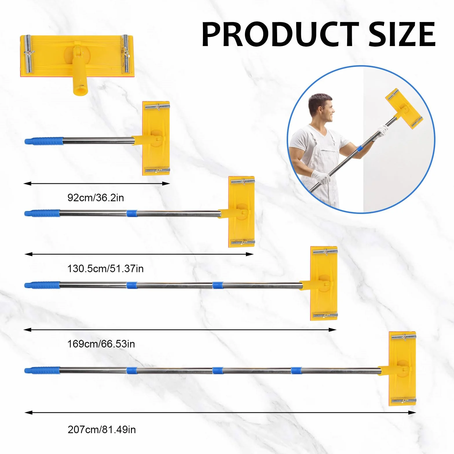 Cabezal de lijadora de poste giratorio resistente, lijado de pared y techo con poste de extensión y 5 piezas de papel de lija, para un lijado rápido y productivo de pisos, pared y techo