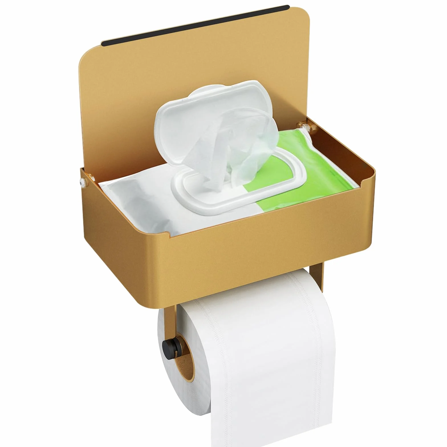 Caja para toallitas húmedas y papel papel higiénico Gypie sin taladrar, soporte dorado y acero inoxidable