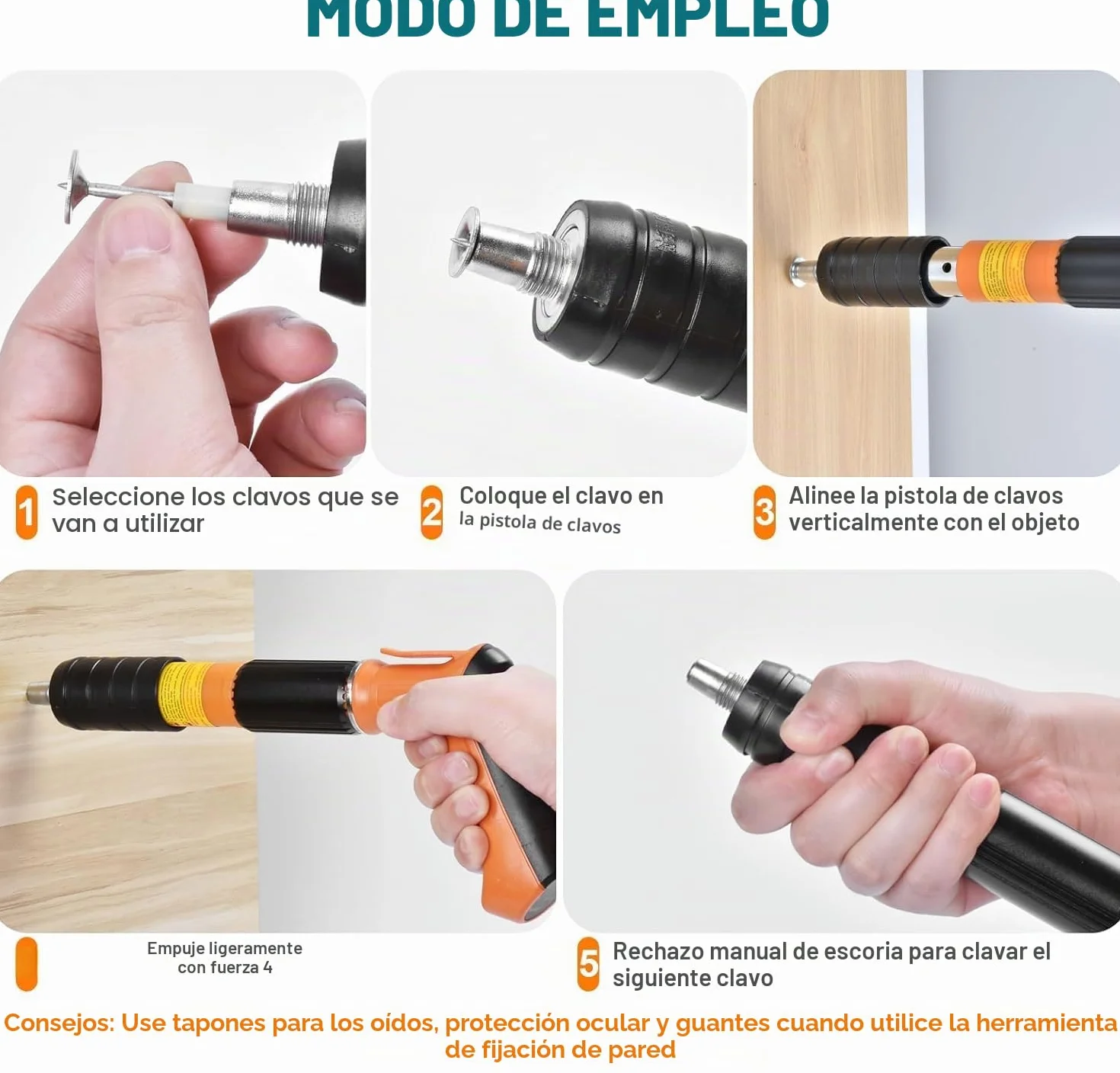 Clavadora Beton inalámbrica,Pistola de uñas neumática Kit,Pistola manual de uñas con 5 niveles de ajustable,Pistolas de uñas portátiles con 120 clavos redondos,Gafas guantes (naranja)