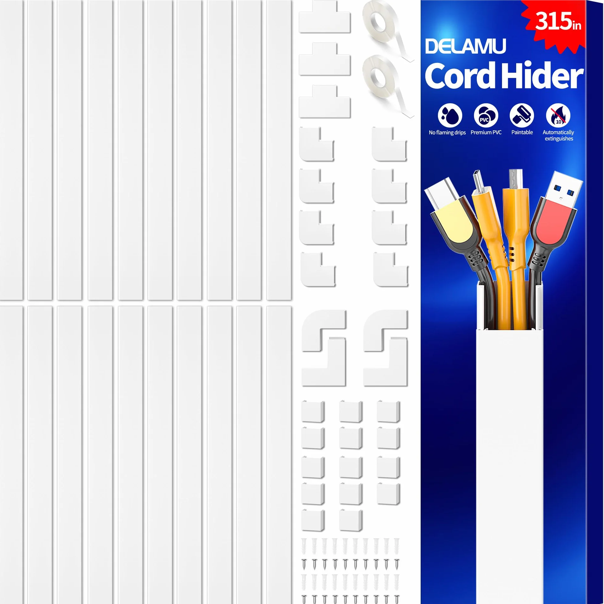 Delamu Canaleta Cables Pared Adhesivo, 4M, 10 Piezas, 400 x 30 x 17 mm, Blanco