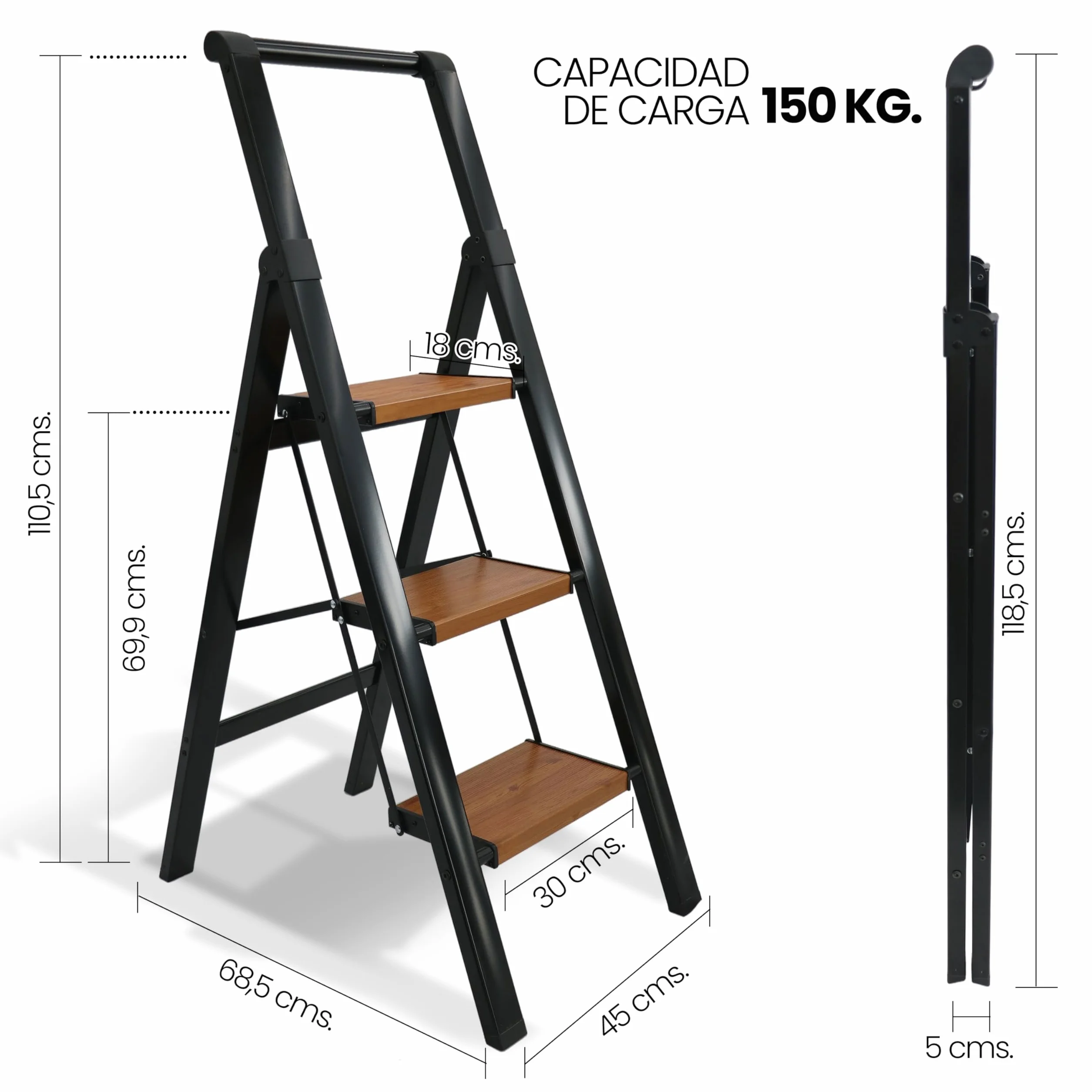 UZIRO Escaleras Plegables 3 Peldaños, Escalera de Aluminio 3 Peldaños Anchos, Sistema Antodeslizante, Muy Liviana y Facil de Guadar