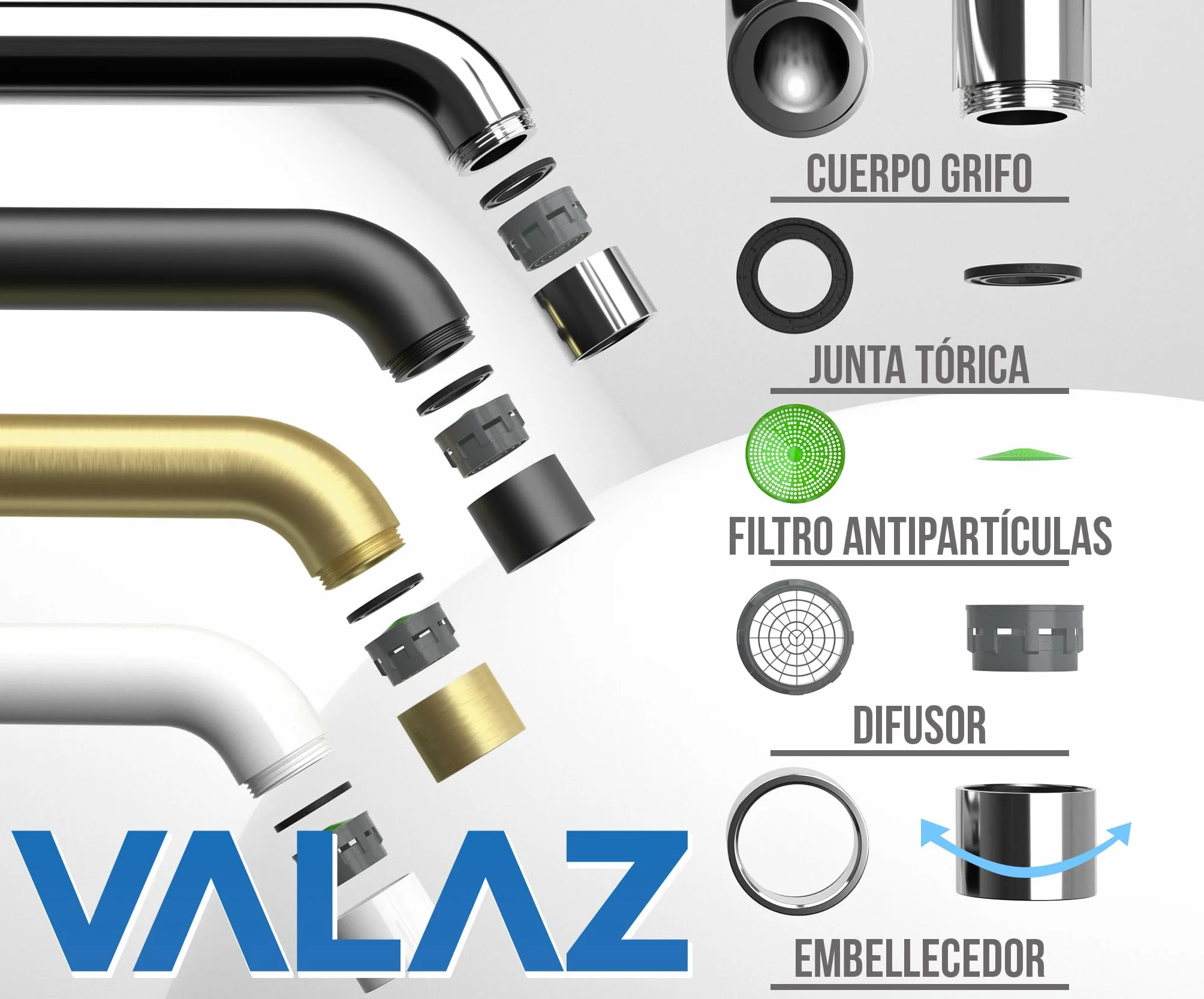 VALAZ Grifo Lavabo Bimando Acero Cepillado Empotrado | Protección PVD, Mezclador Agua Fría y Caliente | Instalación Fácil y Rápida | Latón, Inoxidable, Redondo, Caño 21 cm, Serie Nalon