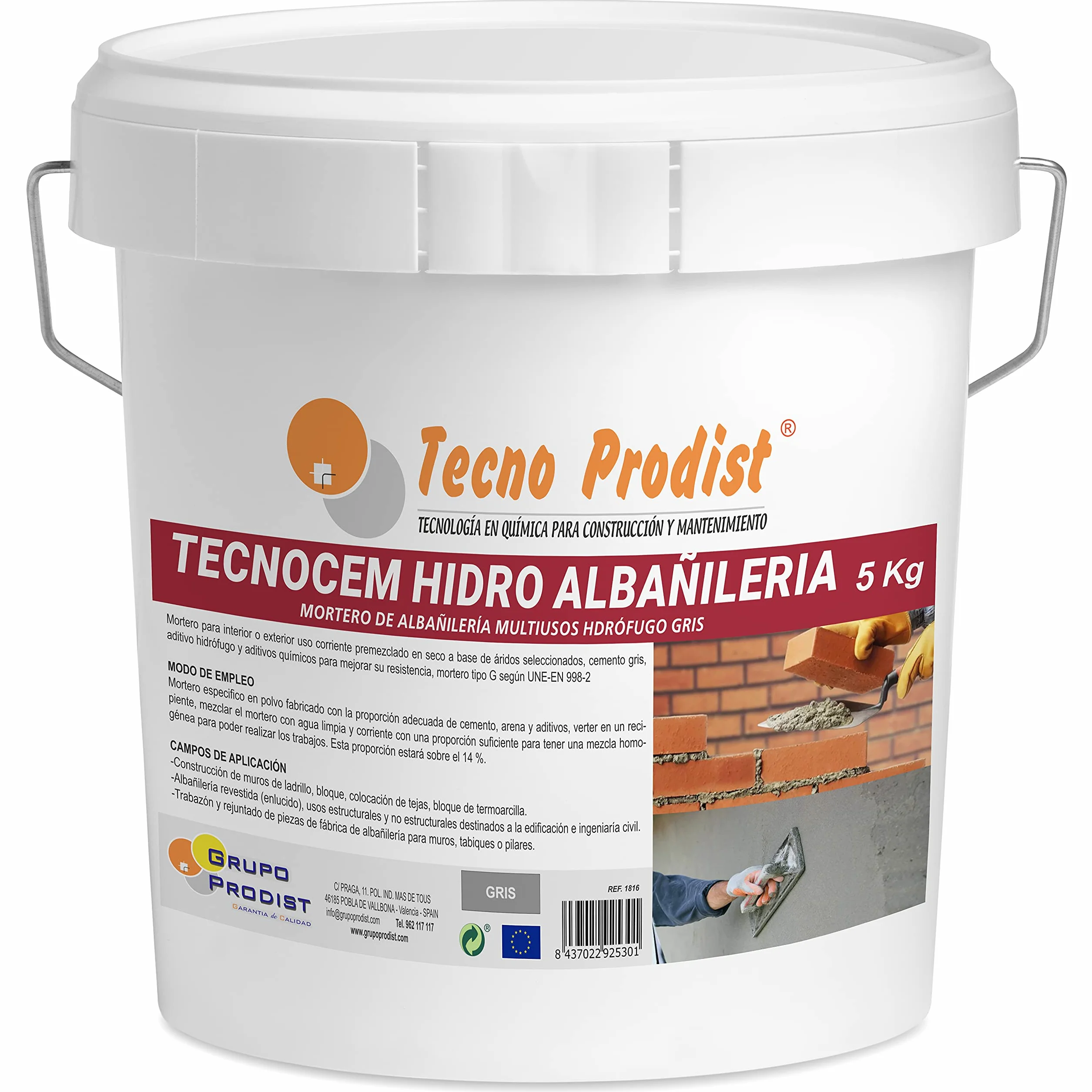 TECNOCEM HIDRO ALBAÑILERÍA de Tecno Prodist (5 Kg) Mortero de cemento para trabajos de albañilería y construcción, hidrófugo, ideal para revocos, enlucidos y colocación de ladrillos. Color Gris.