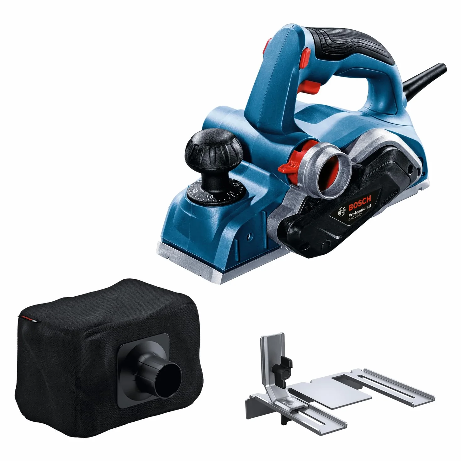 Bosch Professional Cepillo portátil de GHO 20-82 (700 W de potencia, uso con la mano derecha y la izquierda, incl. llave de montaje, guía paralela, saco para polvo)