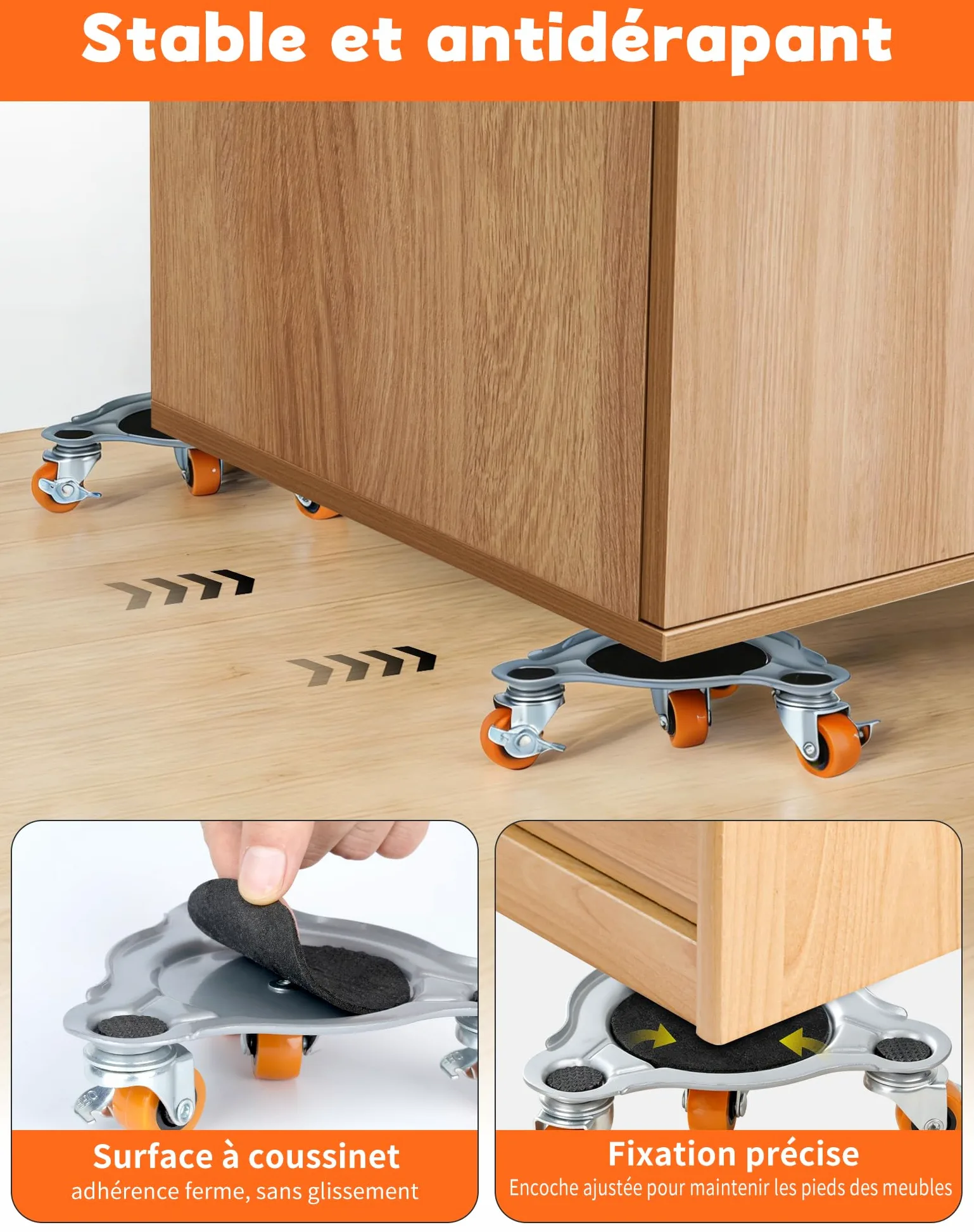 Kit de 4 Rodamientos Deslizantes y 1 Levantador – Mover Muebles de hasta 400 kg, Ruedas de TPE con Giro Total, Ideal para Sofás, Camas, Electrodomésticos