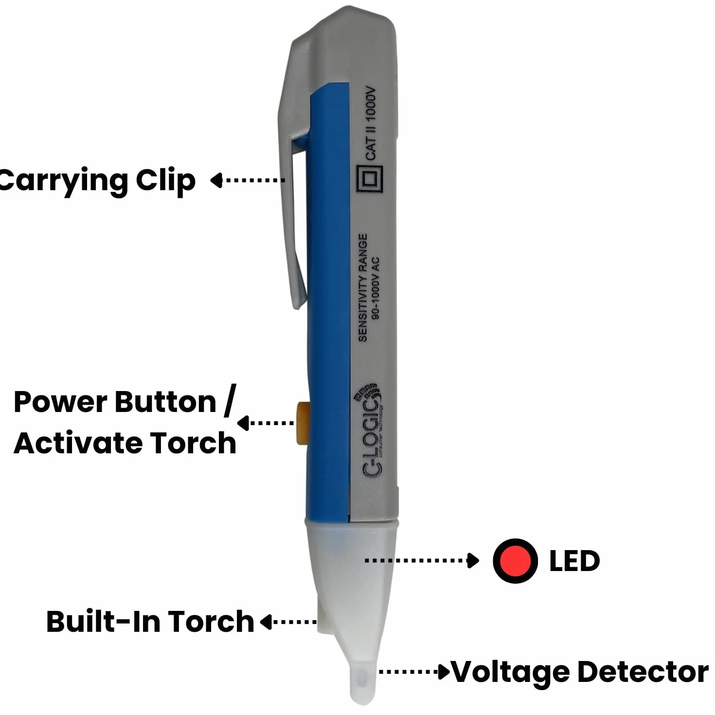 C-LOGIC 25 Detector de Voltaje Sin Contacto NCV Comprobador de Tensión LED Rojo 90V-1000V AC Indicador Acústico Visual CAT II 1000V