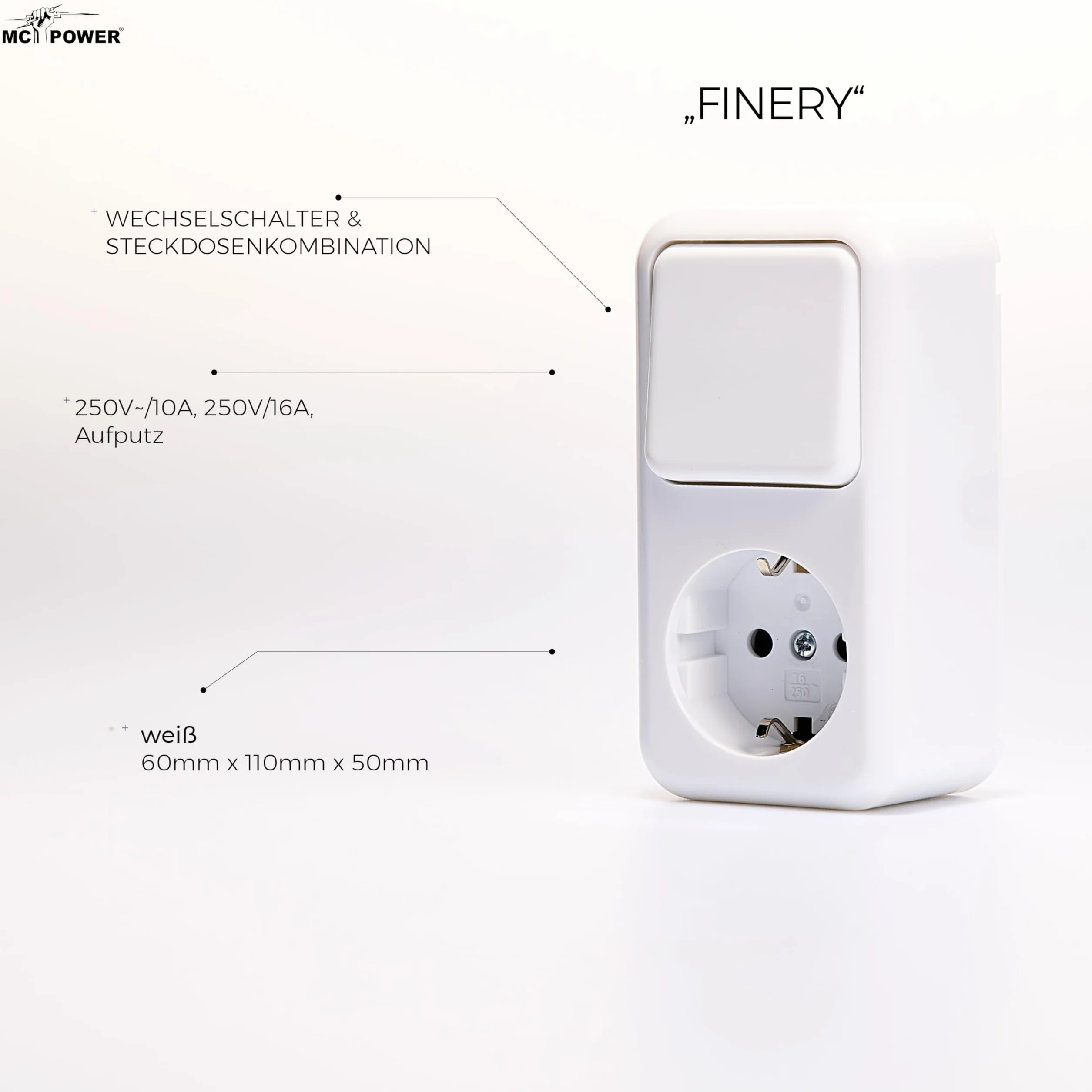 Galas Combinación de Tomas de Corriente AP 250V/16A Interruptor de Superficie 250V/10A Blanco