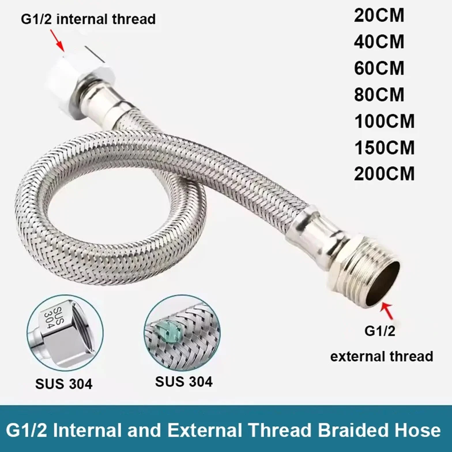 Manguera flexible trenzada con rosca interna y externa G1/2 de acero inoxidable de 20-200 cm, accesorio de baño for ducha extensible(200cm)