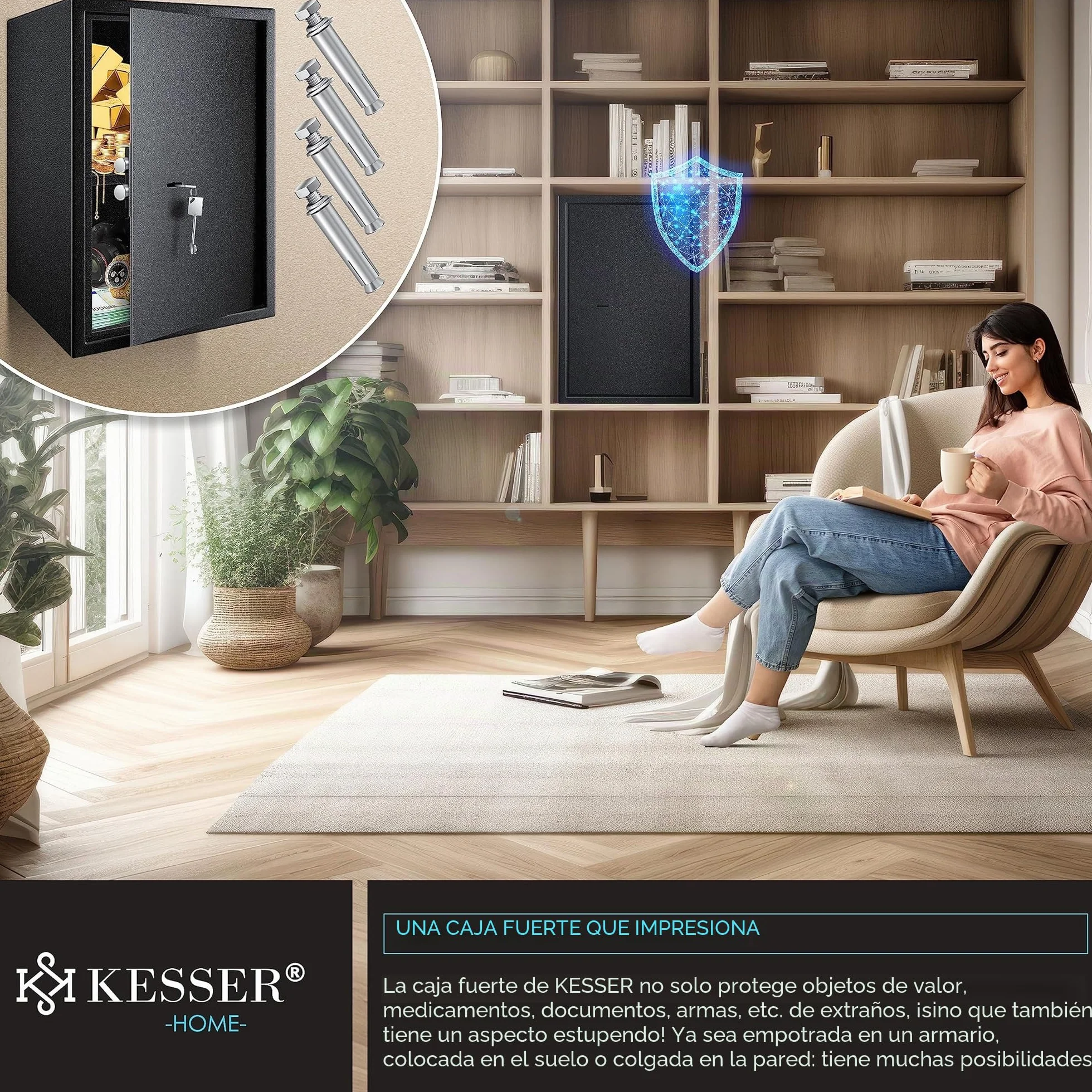 KESSER Caja fuerte de suelo-pared 50x35x31 cm con cerradura de doble paletón incluye 2 llaves