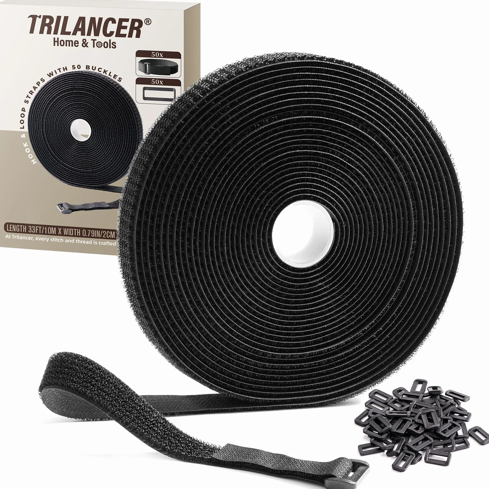 Trilancer Cinta Sujeta Cables Reutilizables 10m x 2cm con 50 Hebillas, Bridas Negras Ajustables para Gestión y Organizador de Cables, Cortable a Medida, Negro