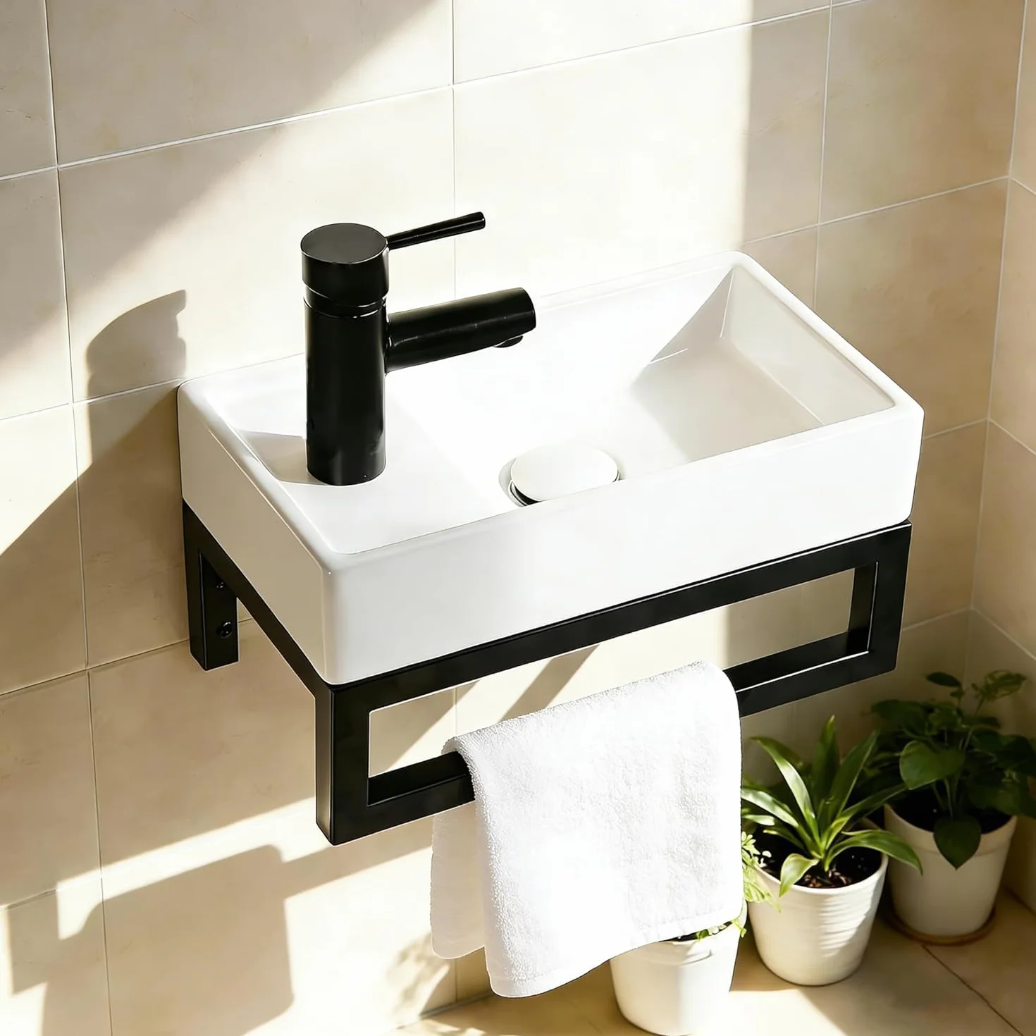 NUESTRA VIDA Lavabo de Cerámica para Baño de Invitados 40x22 cm - Compacto con Rebosadero y Estructura Metálica Negra Mate - Ideal para Espacios Pequeños