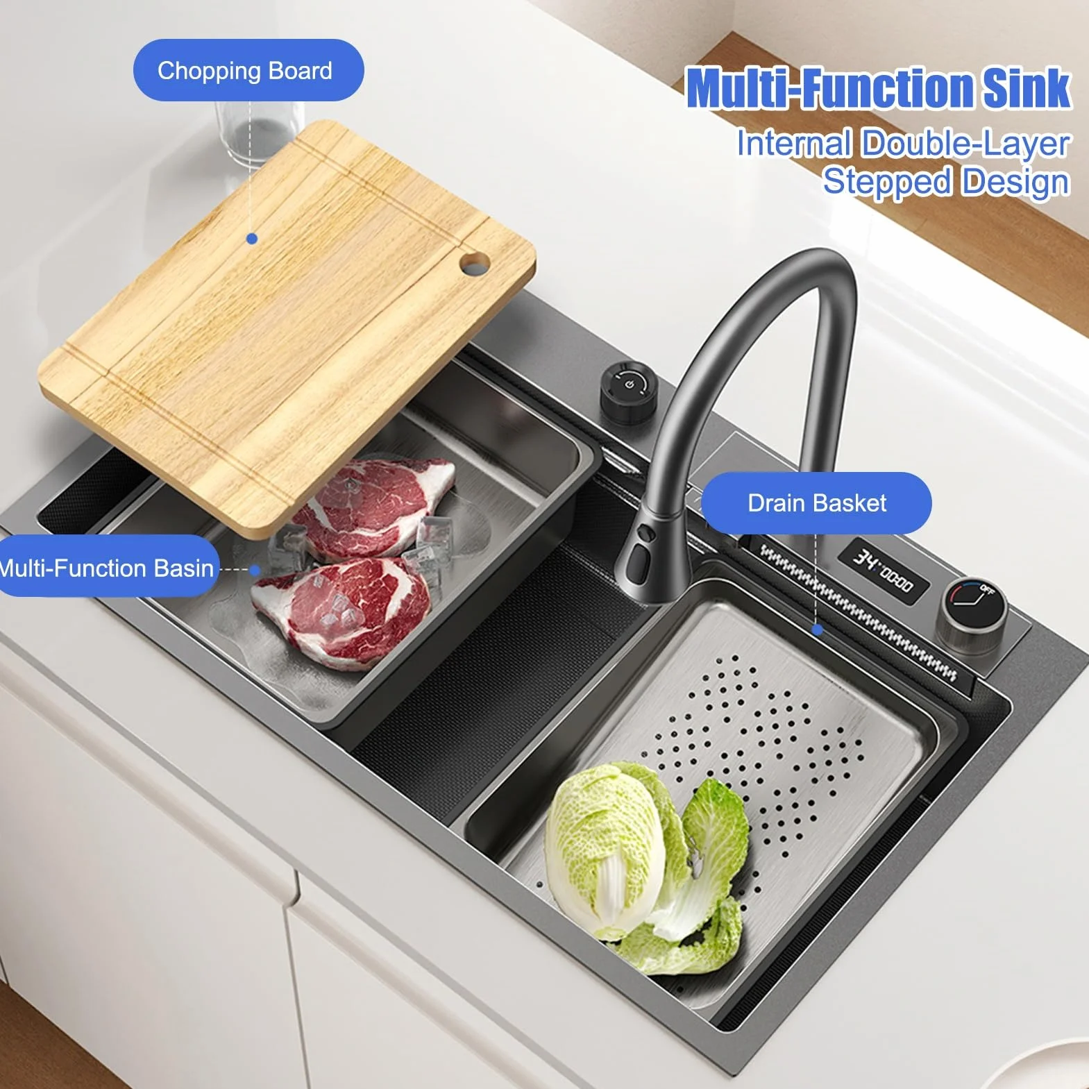 Fregadero De Cocina De Acero Inoxidable Con Cascada Y Grifo Extraíble Fregadero De Un Solo Tazón Con Montaje Superior Con Revestimiento Nanométrico Con Accesorios, Lavadora De Ollas A Presión, Tabla D