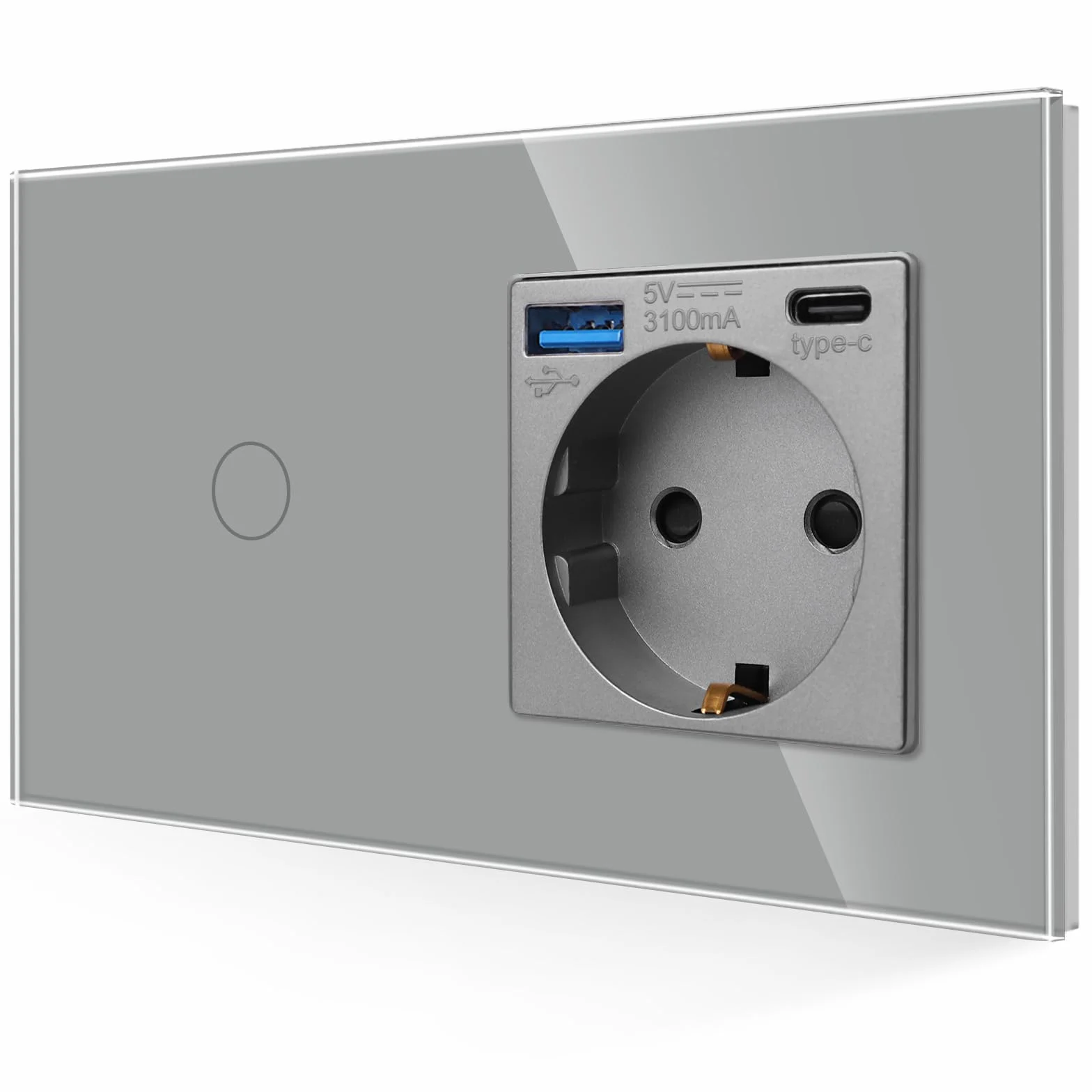 JIMEIDA Toma USB con interruptor de luz en color gris, Toma Schuko de empotrar 3 en 1 cristal 16A con 1 cargador USB y 1 puerto Tipo C, interruptor de pared táctil de 1 vía 1 pin con LED de estado