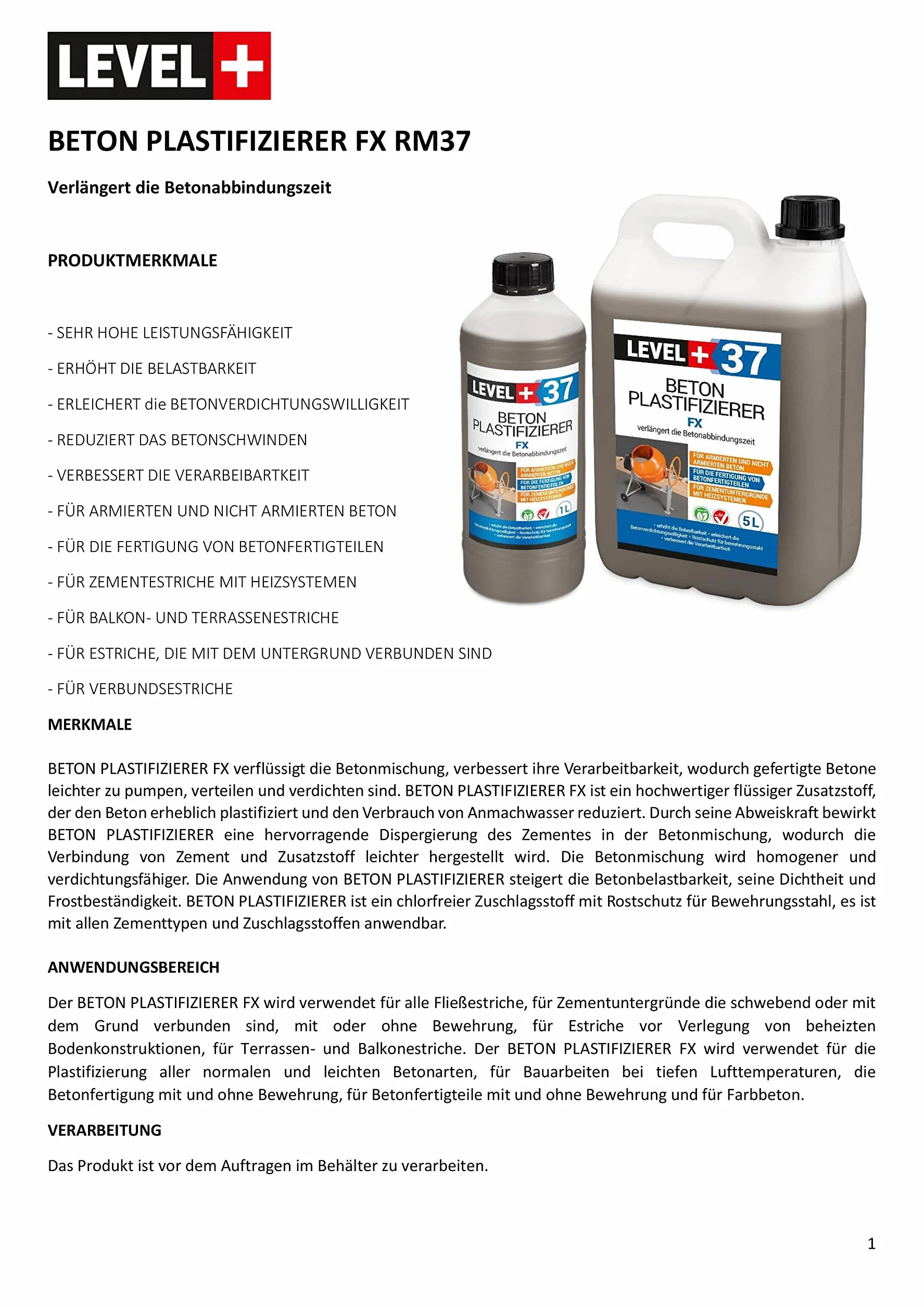 Plastificante para hormigón, 5 L, retardador RM37