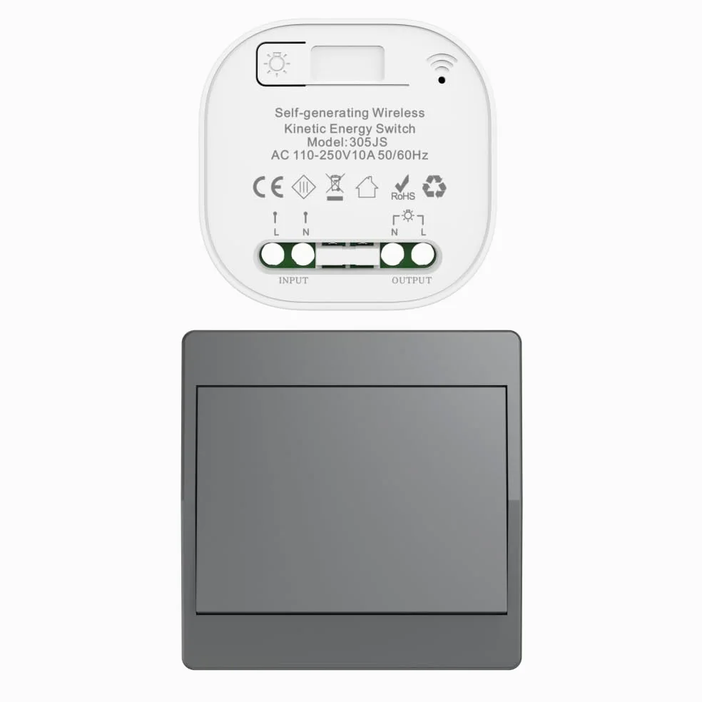 gris Kit de interruptor cinético inalámbrico autoalimentado interruptores de luz teledirigidos RF interruptor cinético inalámbrico sin pila interruptores de radio inalámbricos (Gris 1Gang 1V1